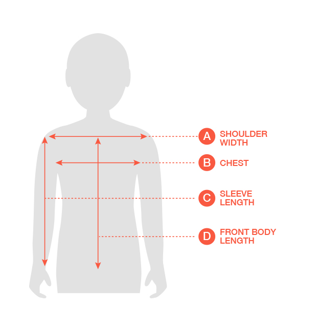 A: shoulder width, B: chest, C: sleeve length, D: front body length