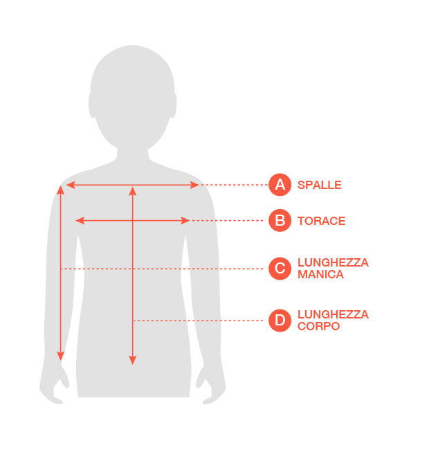 A: spalle, B: torace, C: lunghezza manica, D: lunghezza corpo