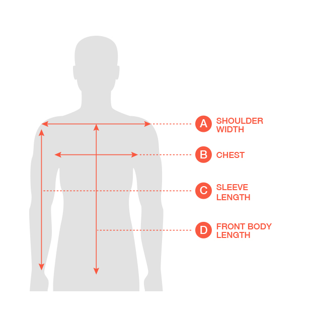 A: shoulder width, B: chest, C: sleeve length, D: front body length