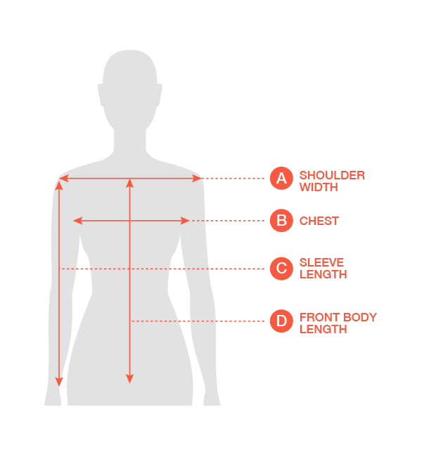 A: shoulder width, B: chest, C: sleeve length, D: front body length