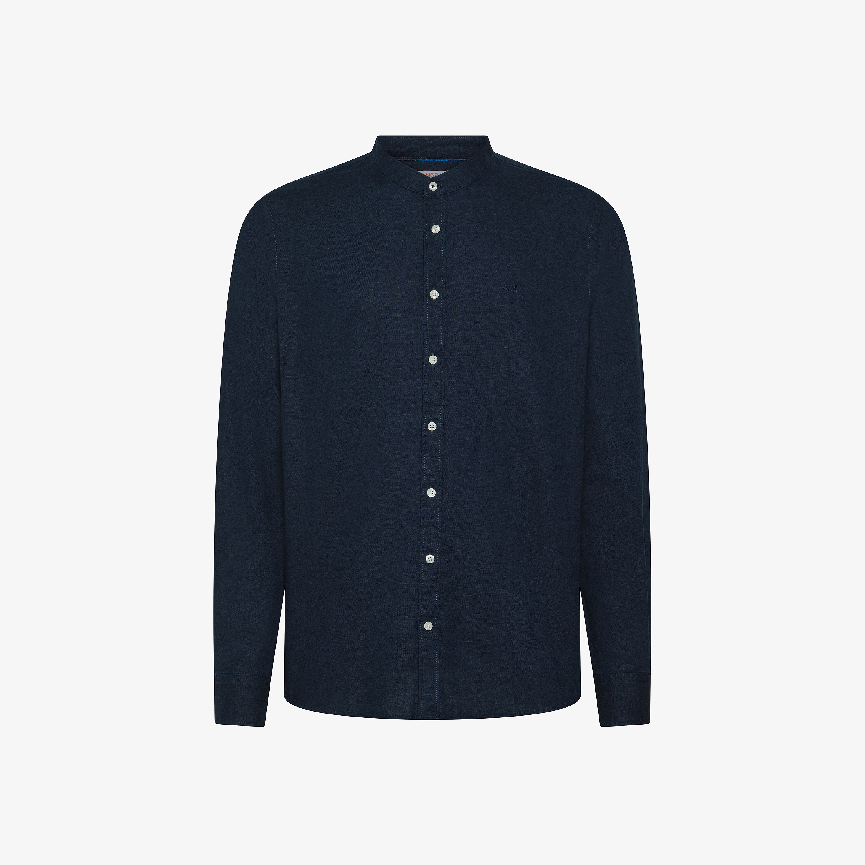 Navy blue linen and cotton shirt with mandarin collar Navy blue linen and cotton shirt with mandarin collar