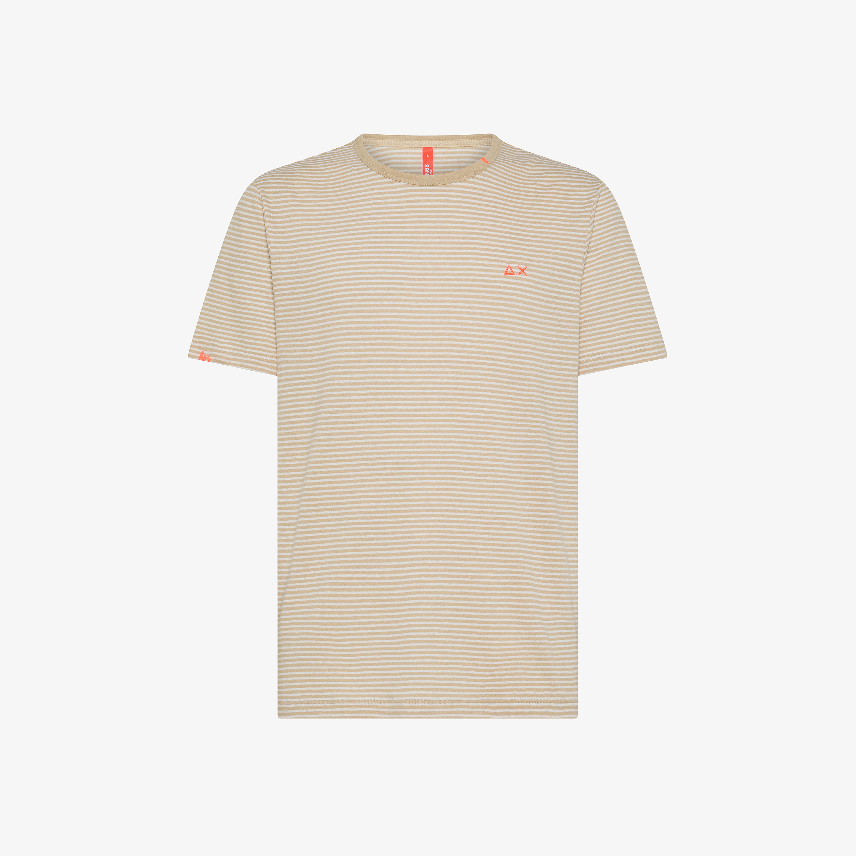 T-shirt in lino e cotone a righe sabbia e bianco panna