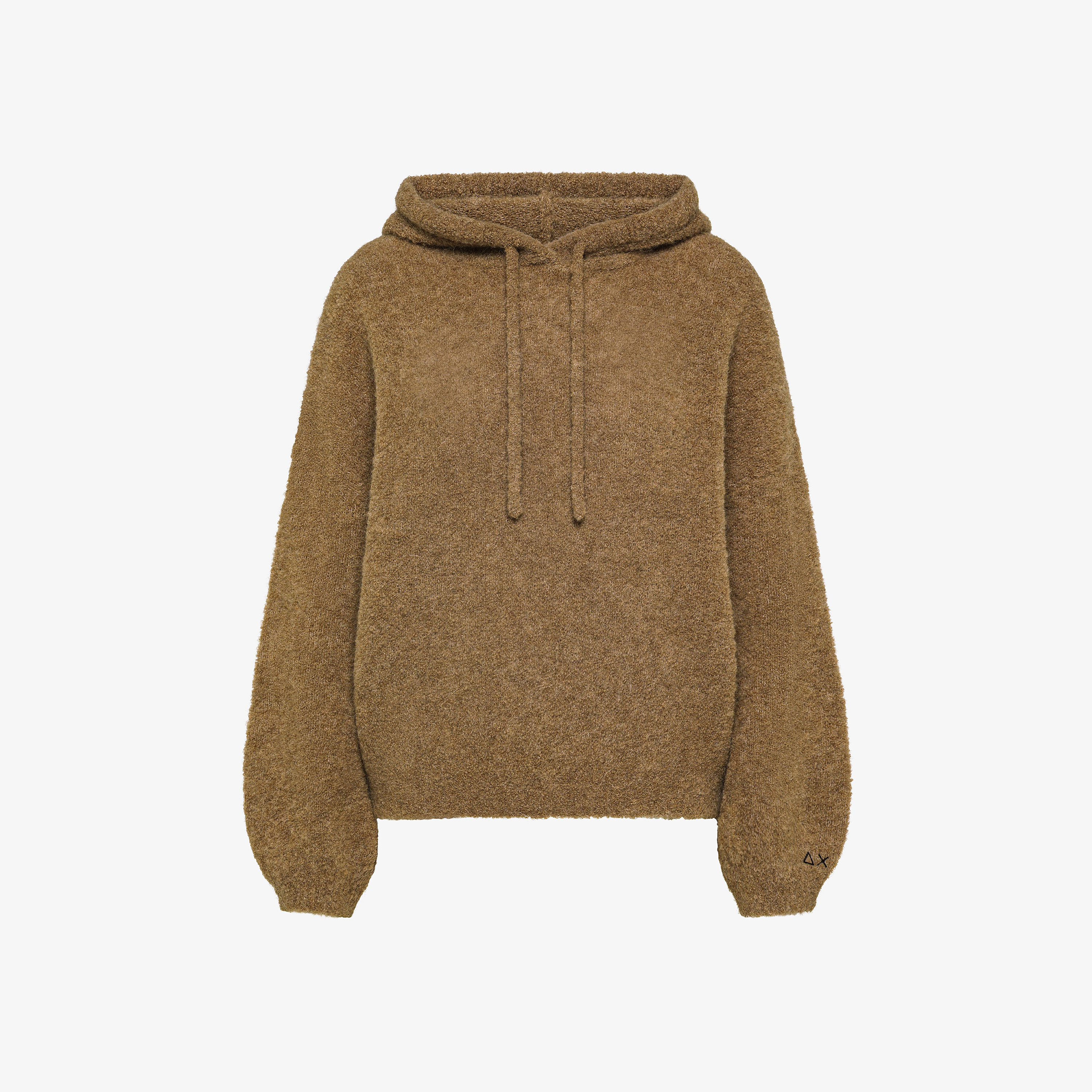 Maglione in bouclé di lana con cappuccio marrone deserto