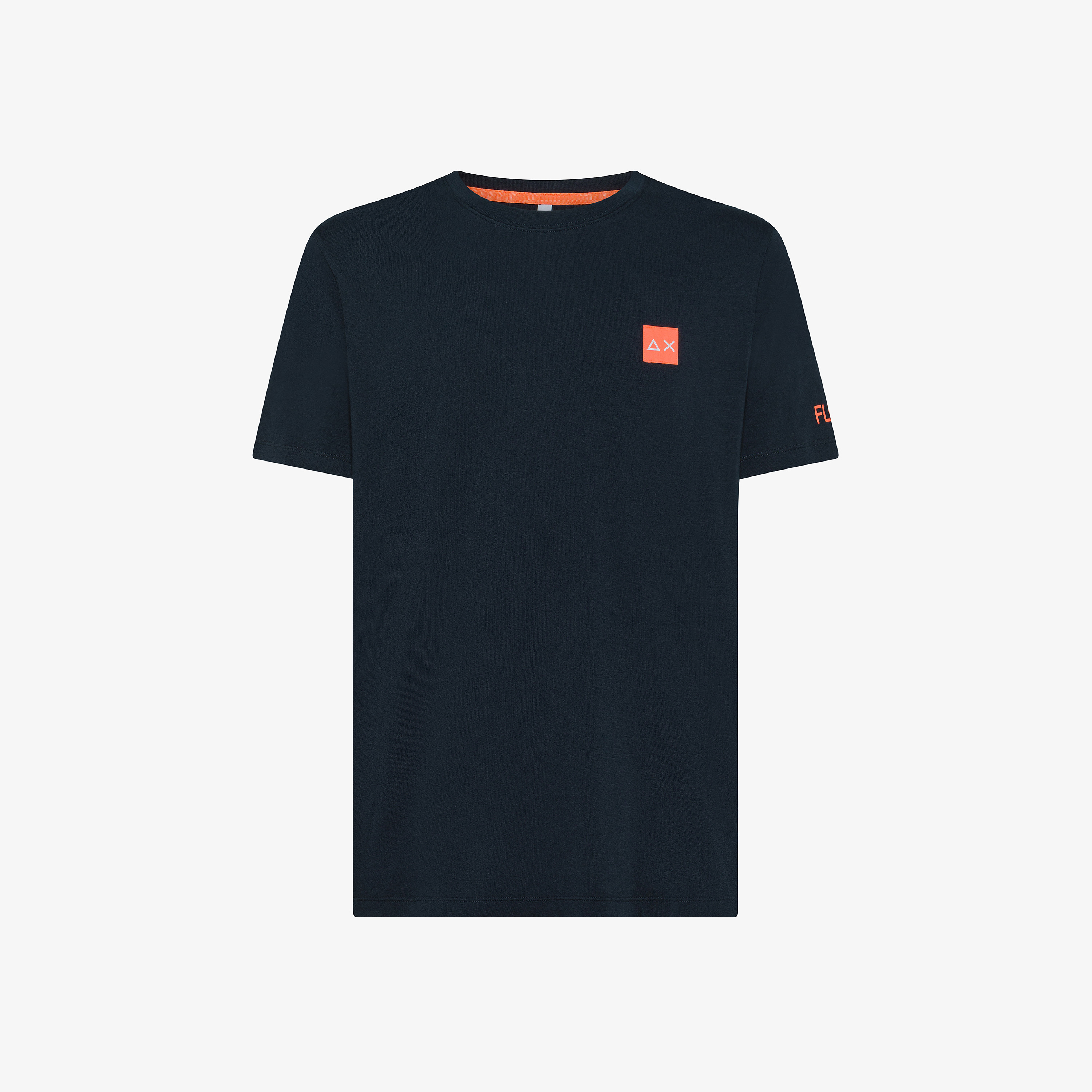 Navy blue T-shirt with fluorescent logo patch