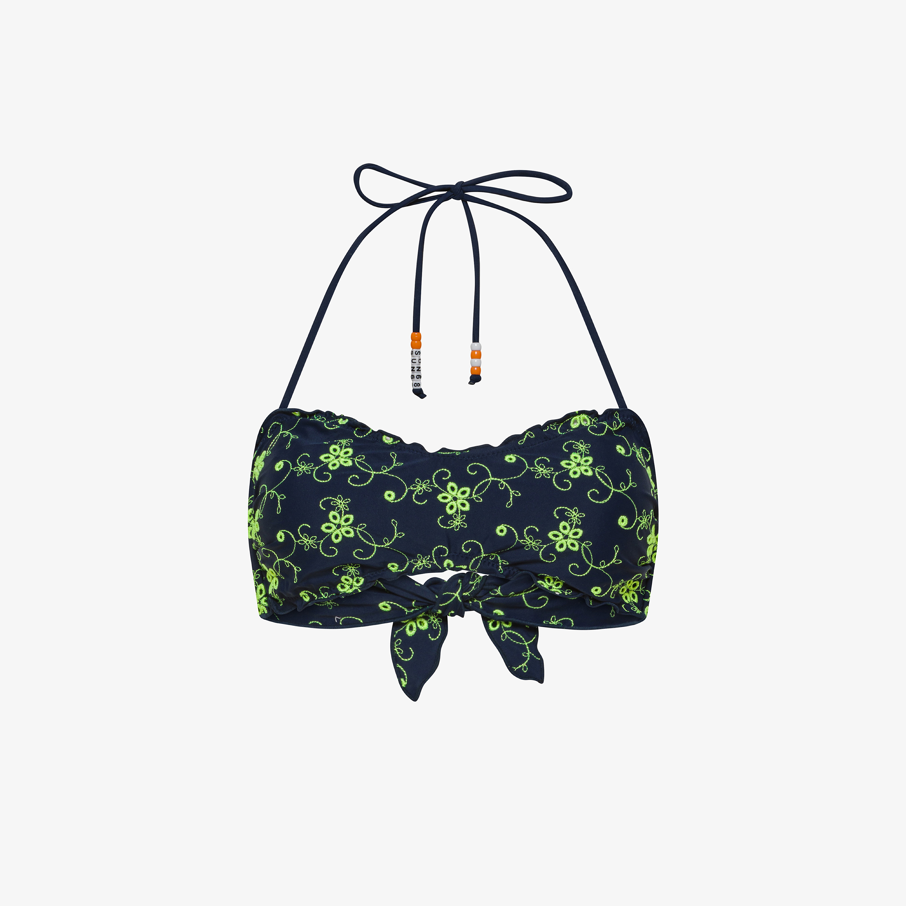 Navy blue and fluorescent yellow bikini top with embroidery Navy blue and fluorescent yellow bikini top with embroidery