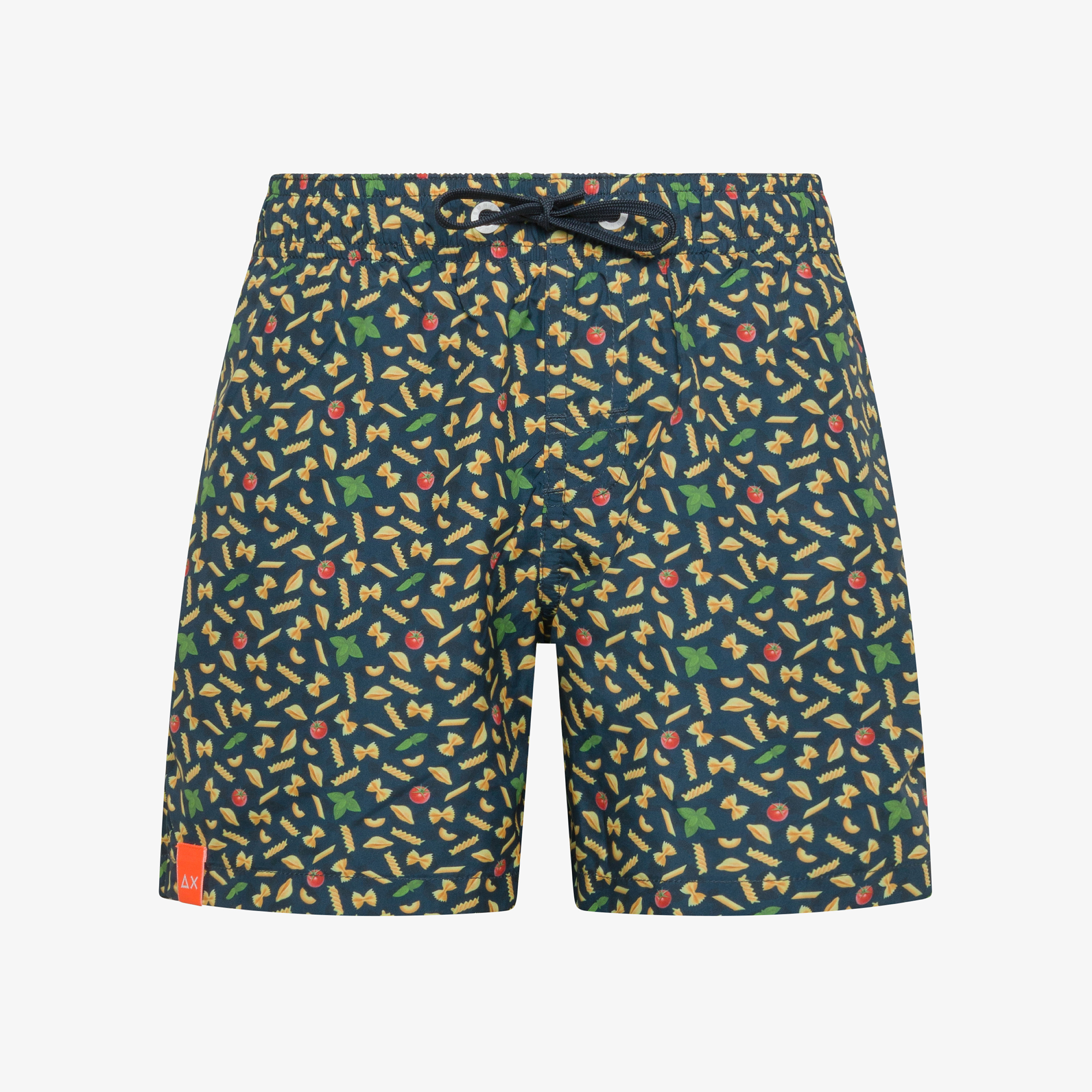 Navy blue and yellow printed nylon swim shorts