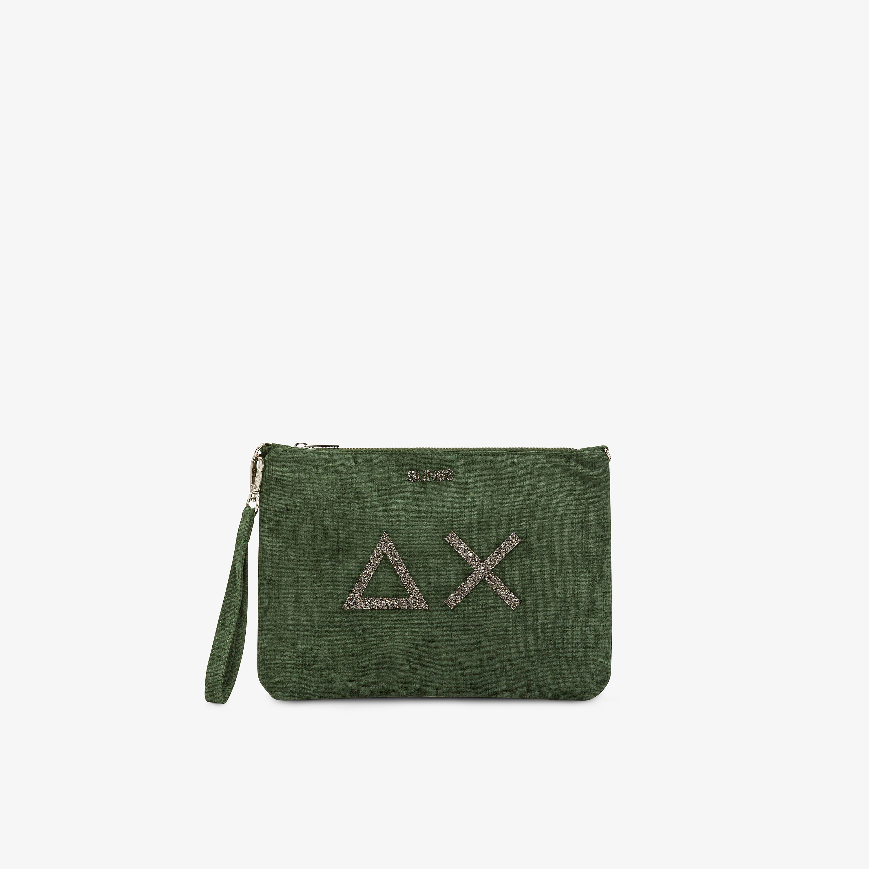 Pochette in velluto con logo verde prato