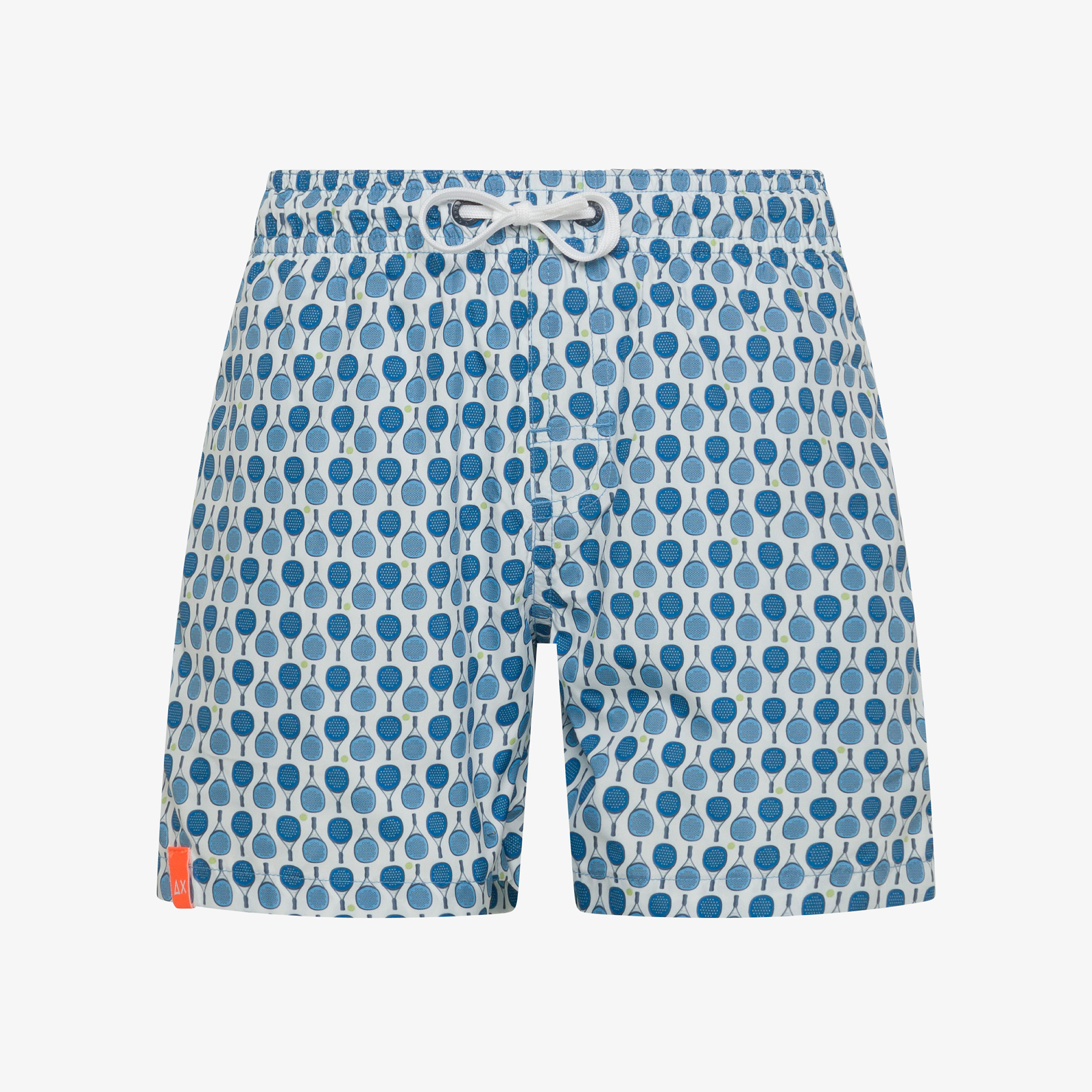 White and turquoise printed nylon swim shorts