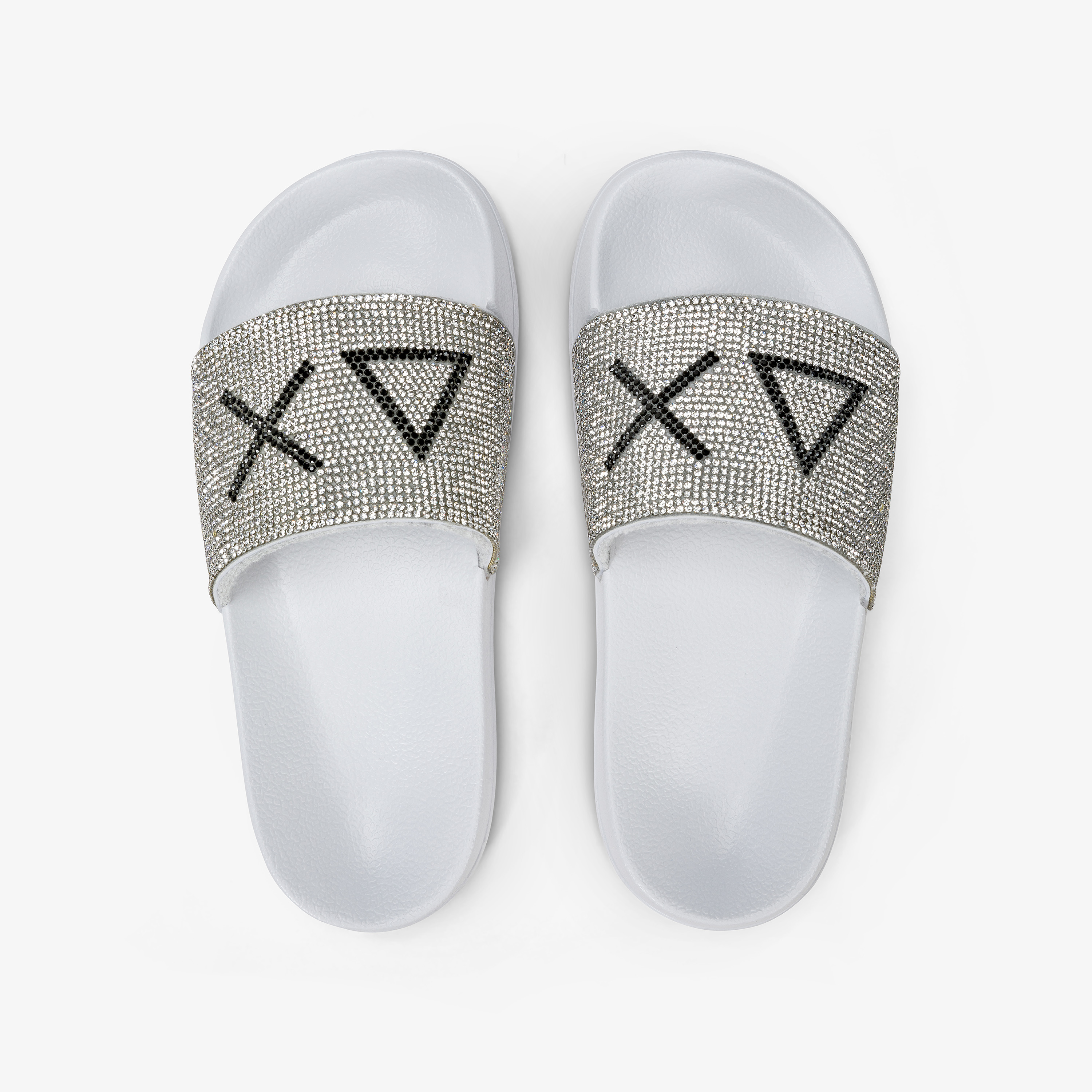 Sandali slide in PU bianco con strass