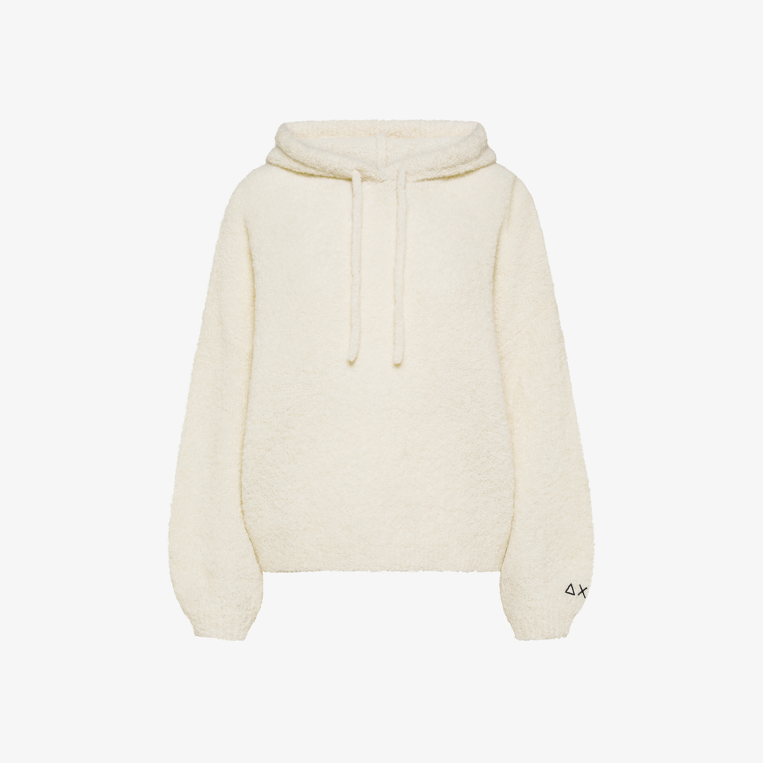 Maglione in bouclé di lana con cappuccio bianco