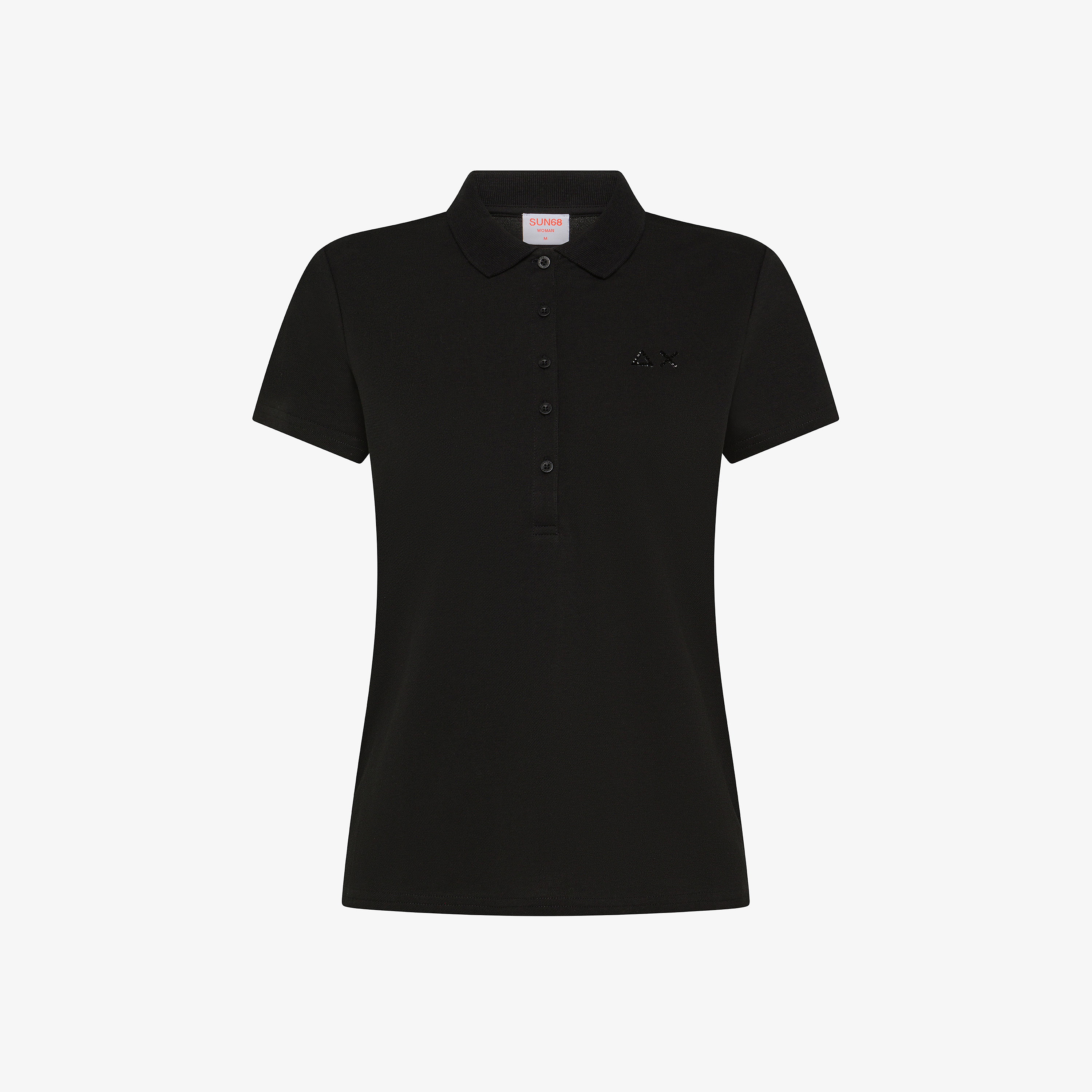 Black cotton piqué polo shirt with rhinestone logo
