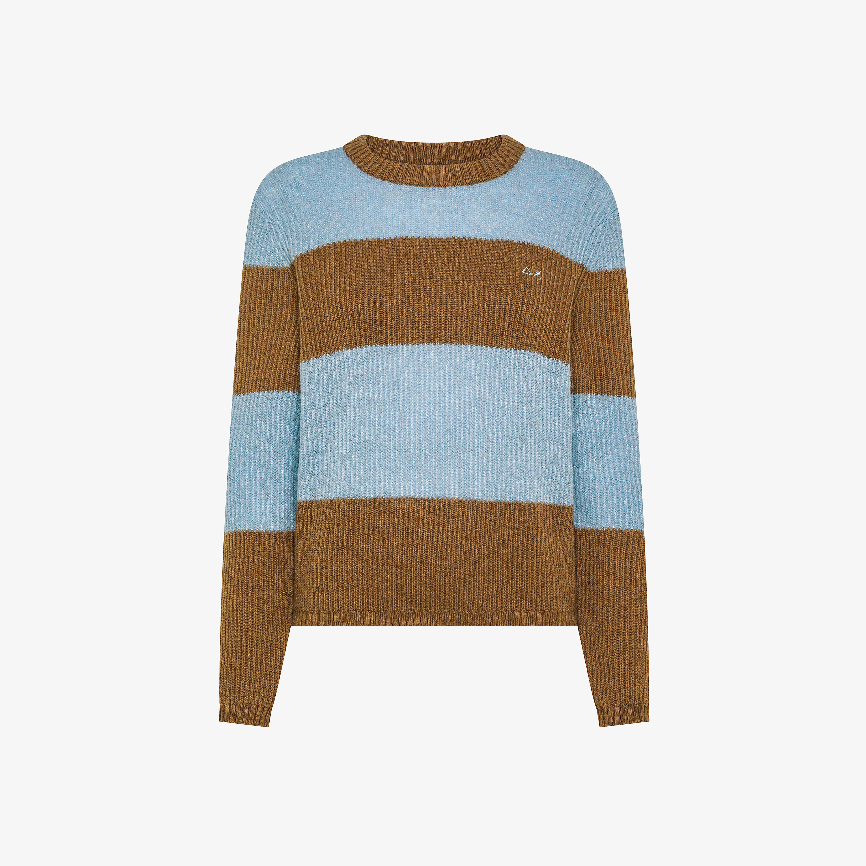 Maglia girocollo in lana e alpaca a coste azzurro chiaro bice/marrone deserto