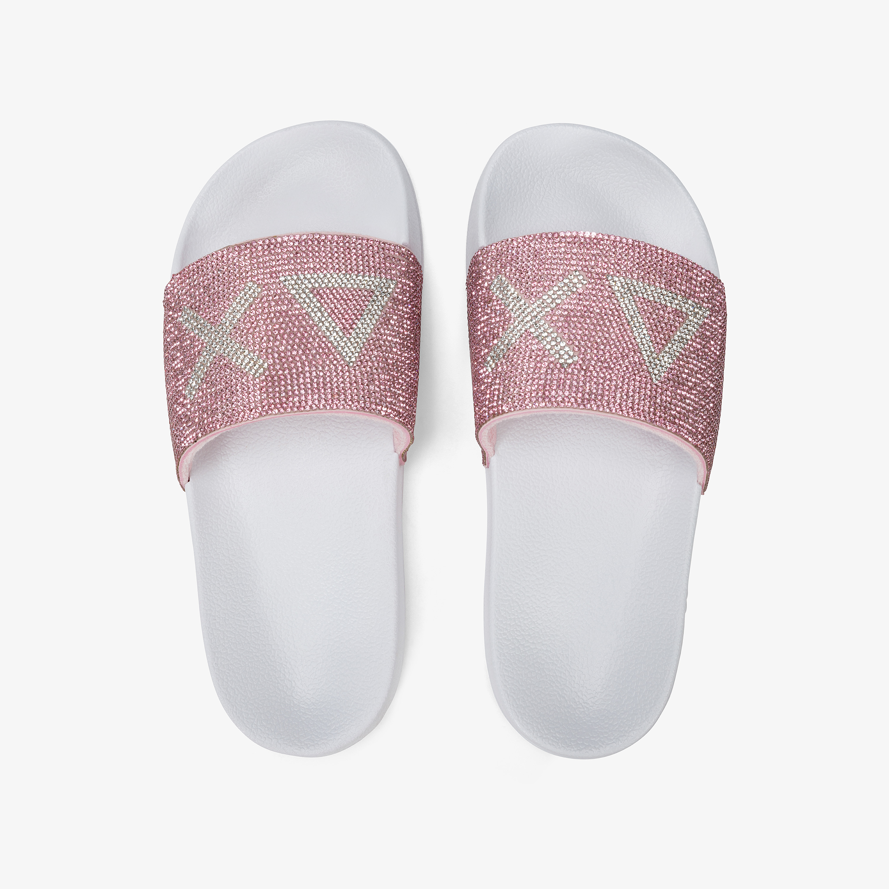 White and pink PU slides with rhinestones