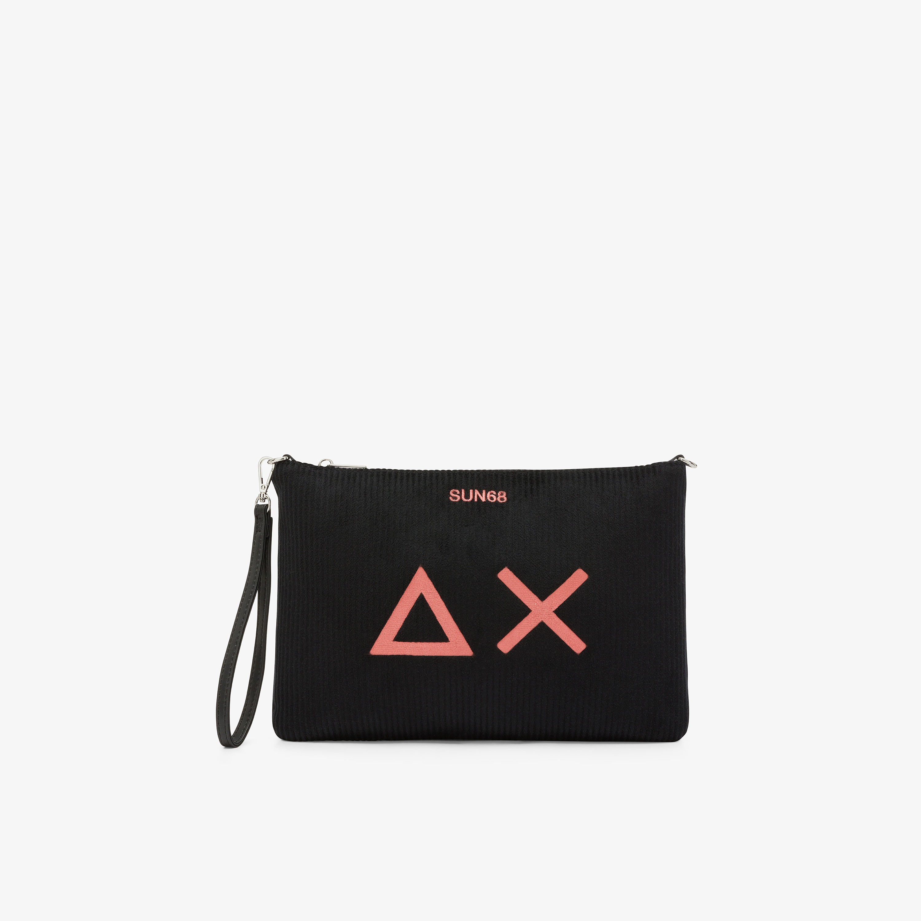 Black velvet pouch with embroidered logo