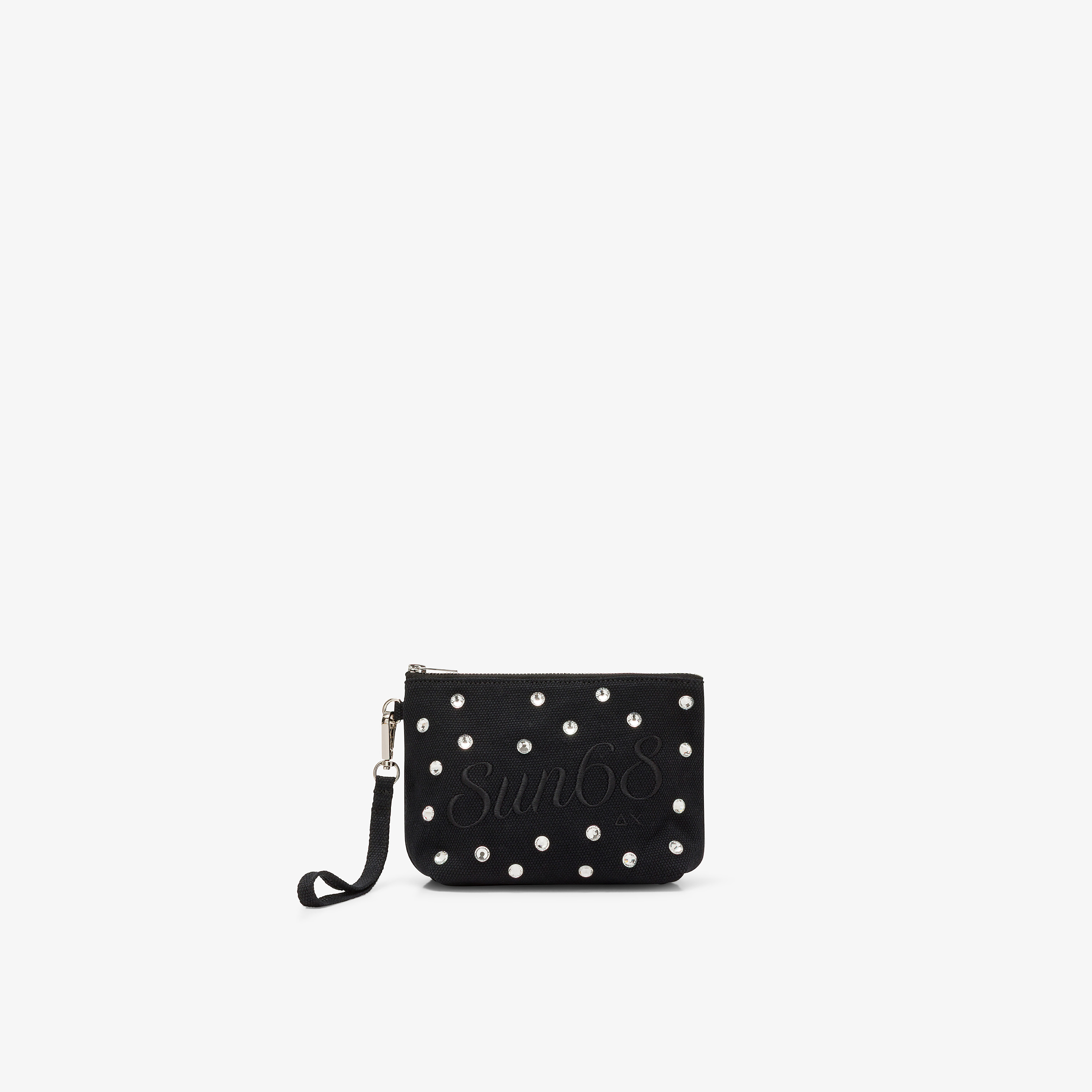 Pochette in tela di cotone con strass nero