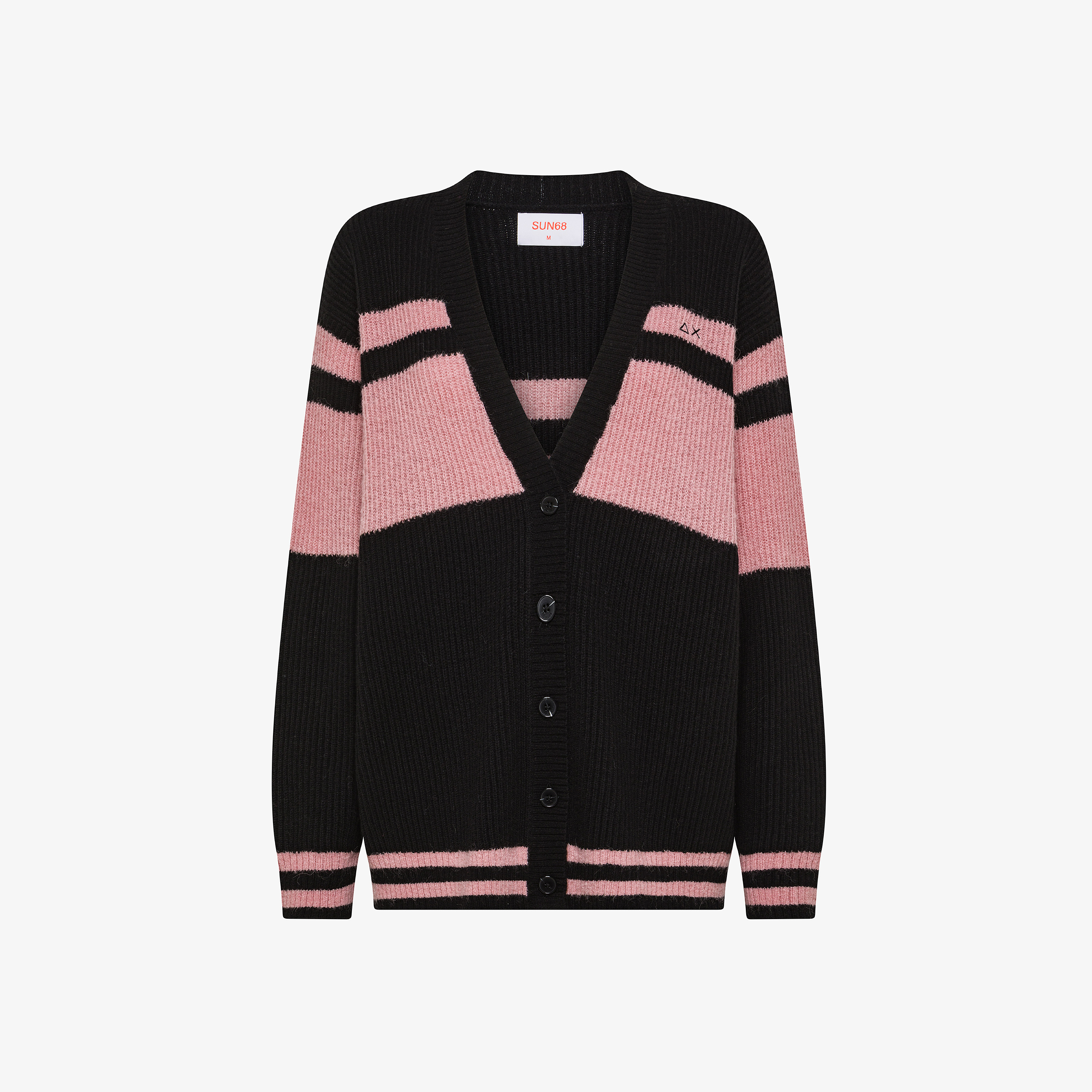 Cardigan in lana e alpaca a coste nero/rosa scuro Cardigan in lana e alpaca a coste nero/rosa scuro