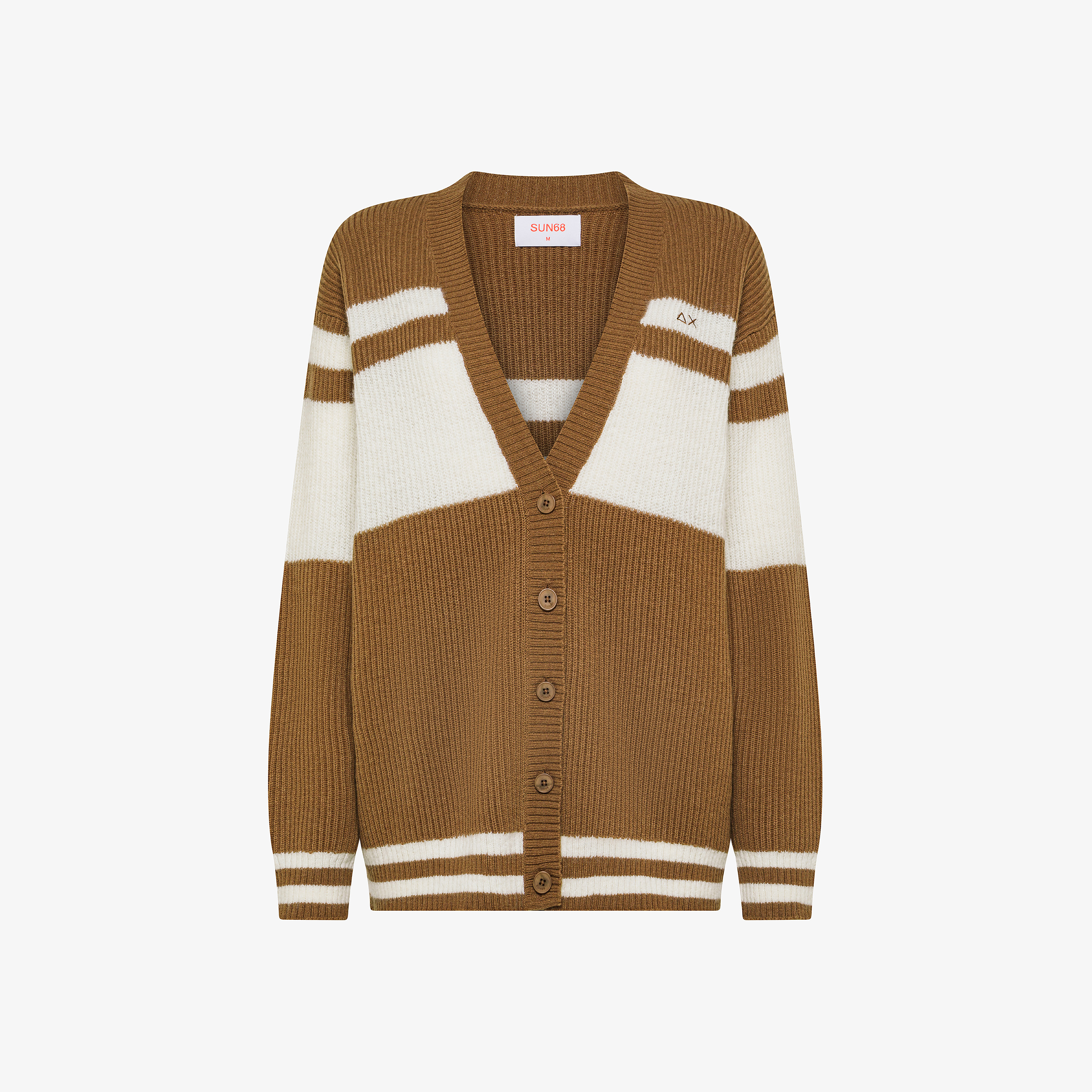 Cardigan in lana e alpaca a coste marrone deserto/bianco panna
