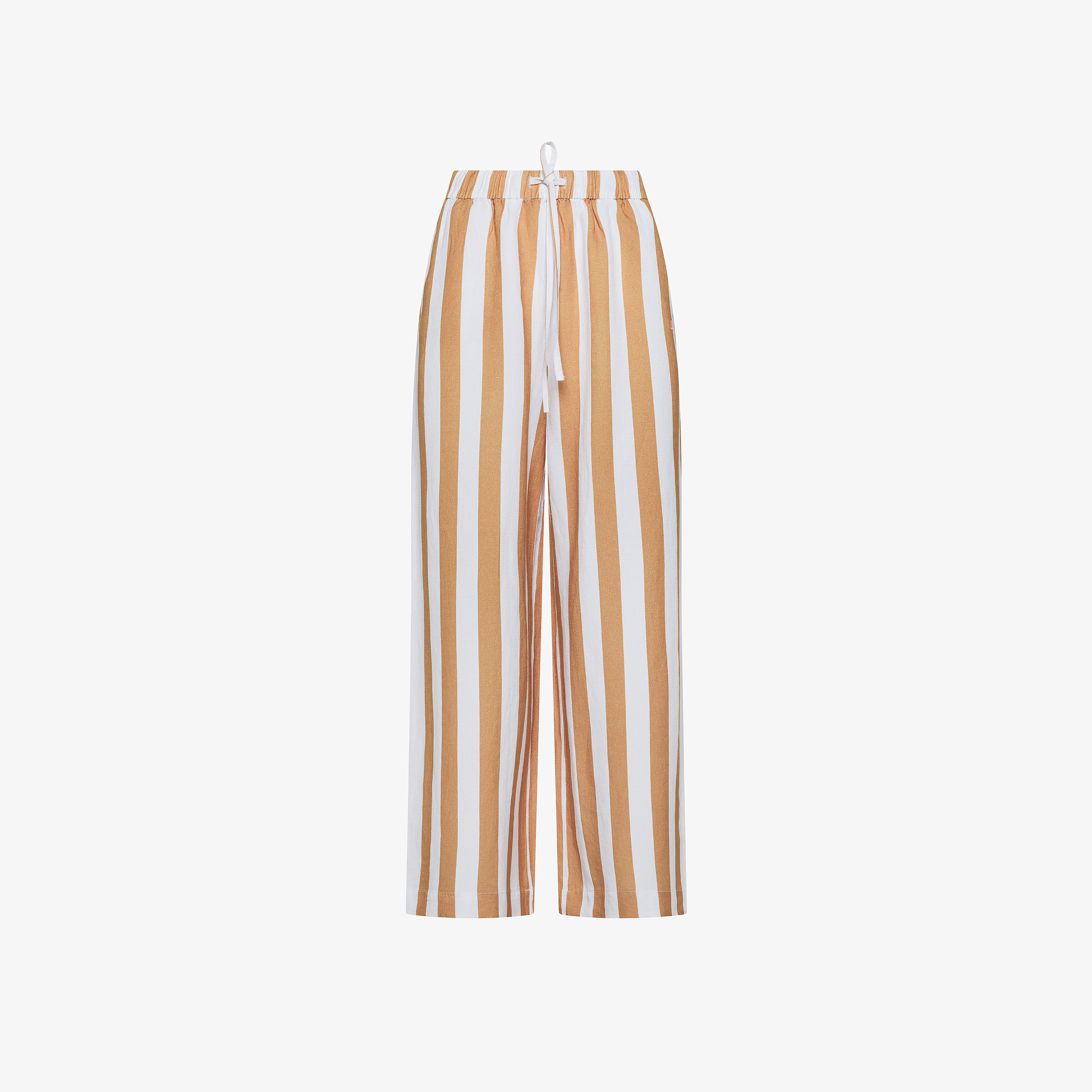 Pantaloni in lino a righe bianche e cammello