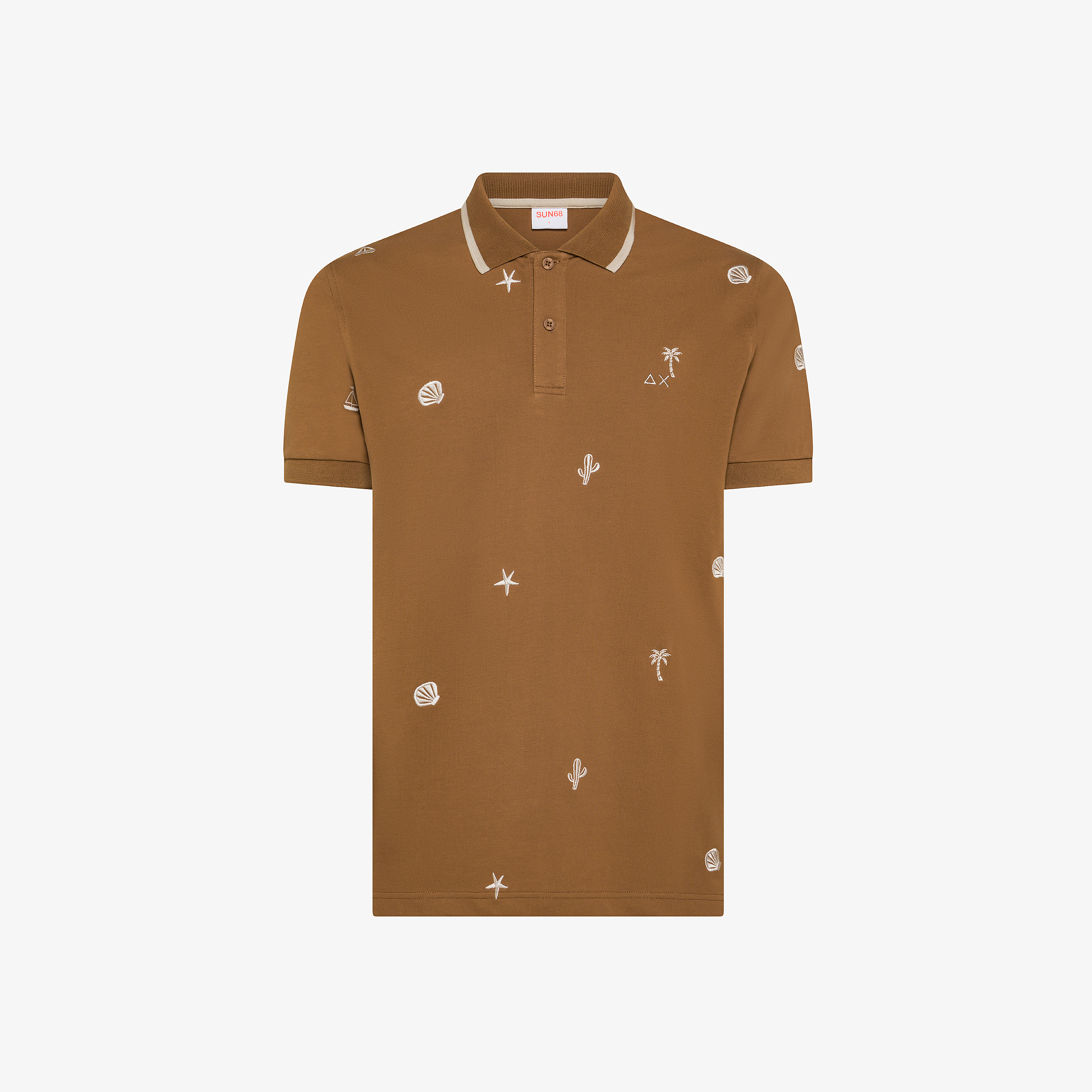 Fox brown cotton piqué polo shirt with embroidery