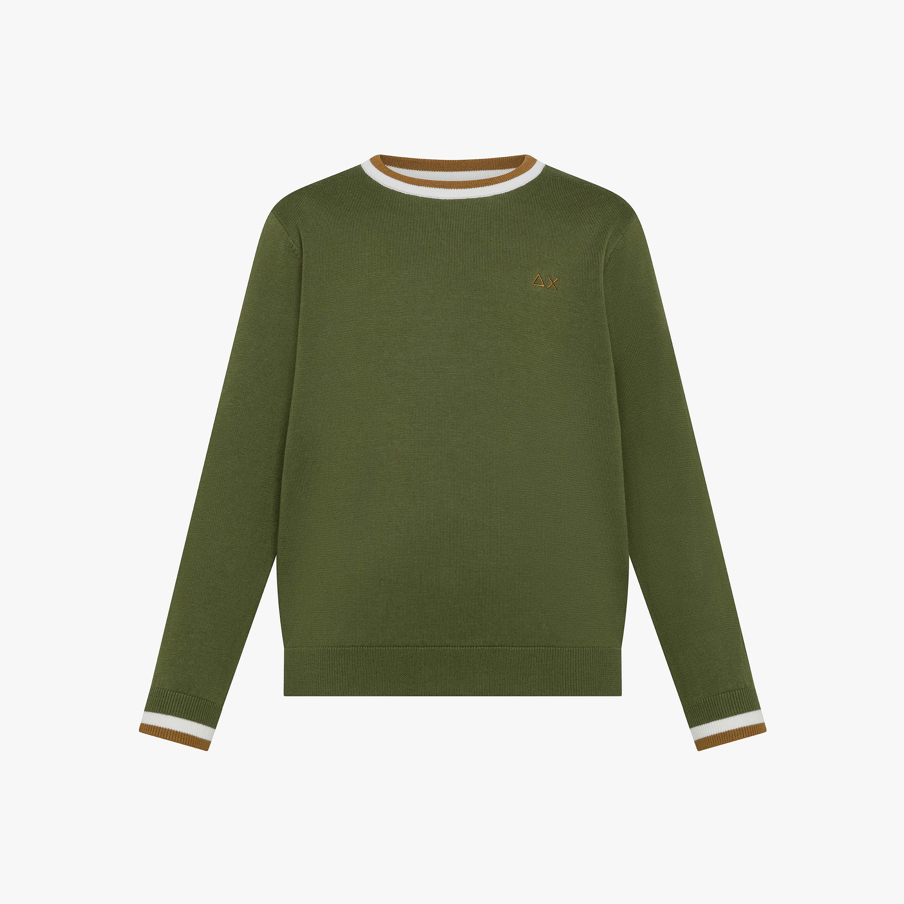 Dark green cotton jumper with striped trims