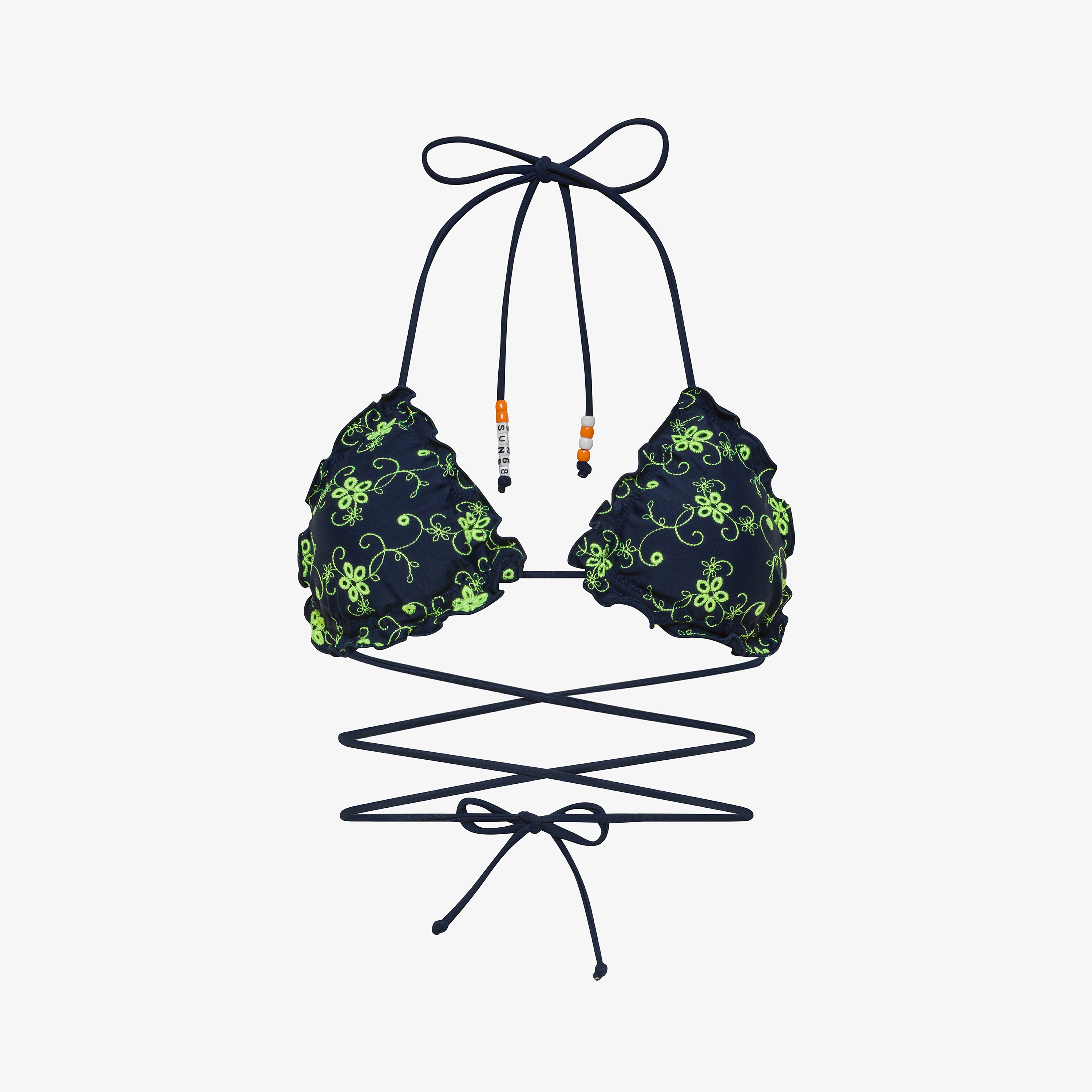 Navy blue and fluorescent yellow nylon bikini with embroidery