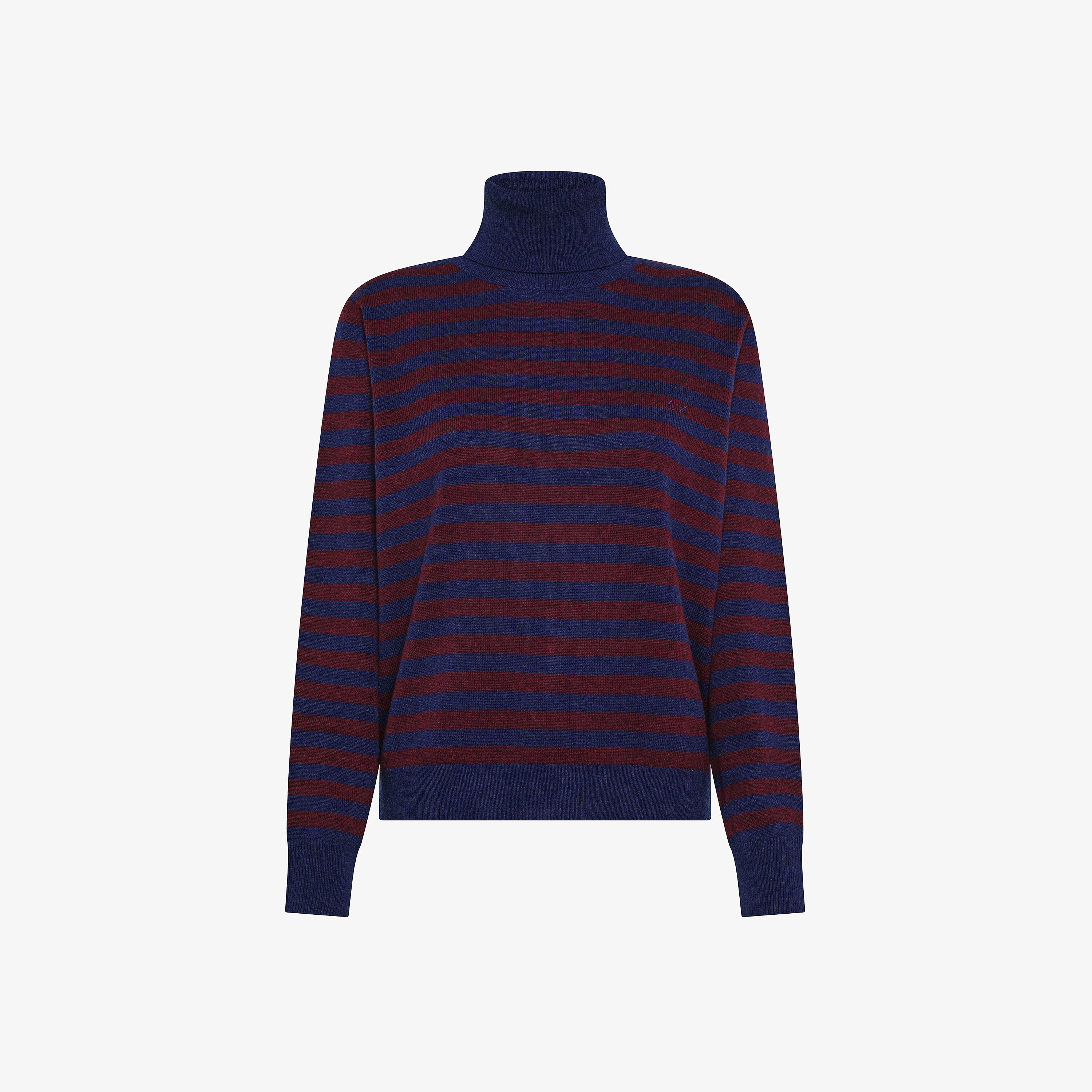 Deep blue/bordeaux wool and cashmere striped turtleneck jumper