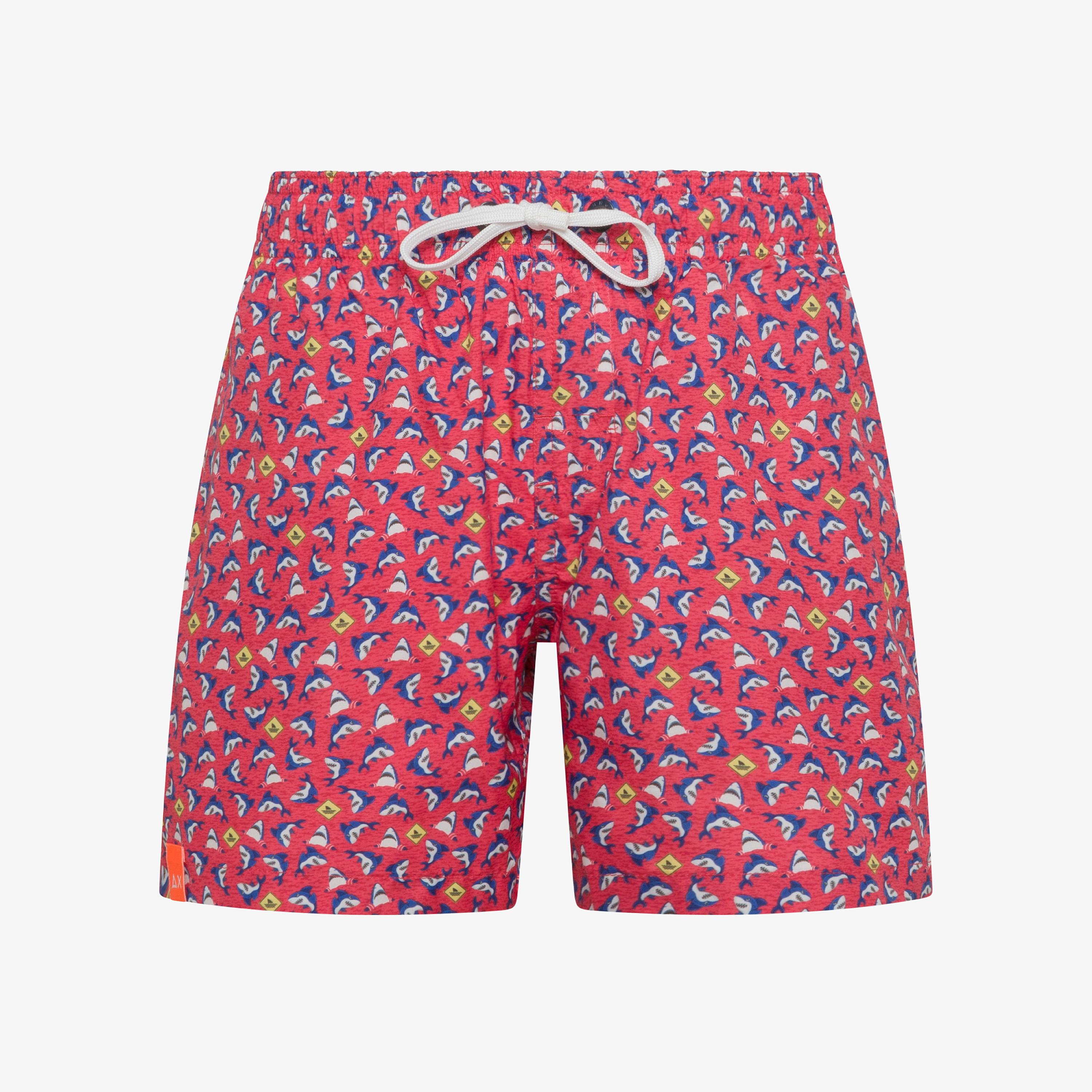 Red and royal blue printed nylon swim shorts