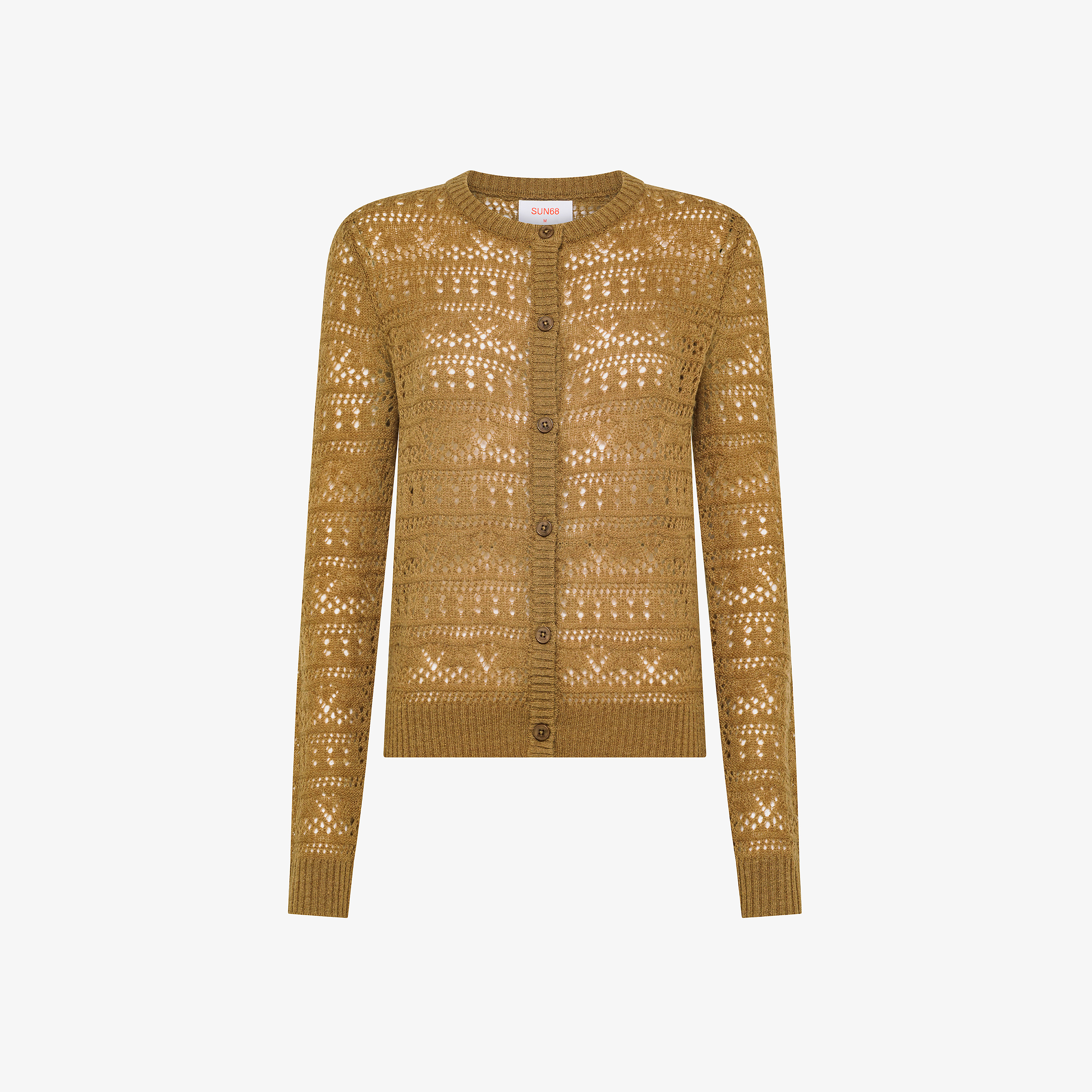 Cardigan crochet in lana e alpaca marrone deserto