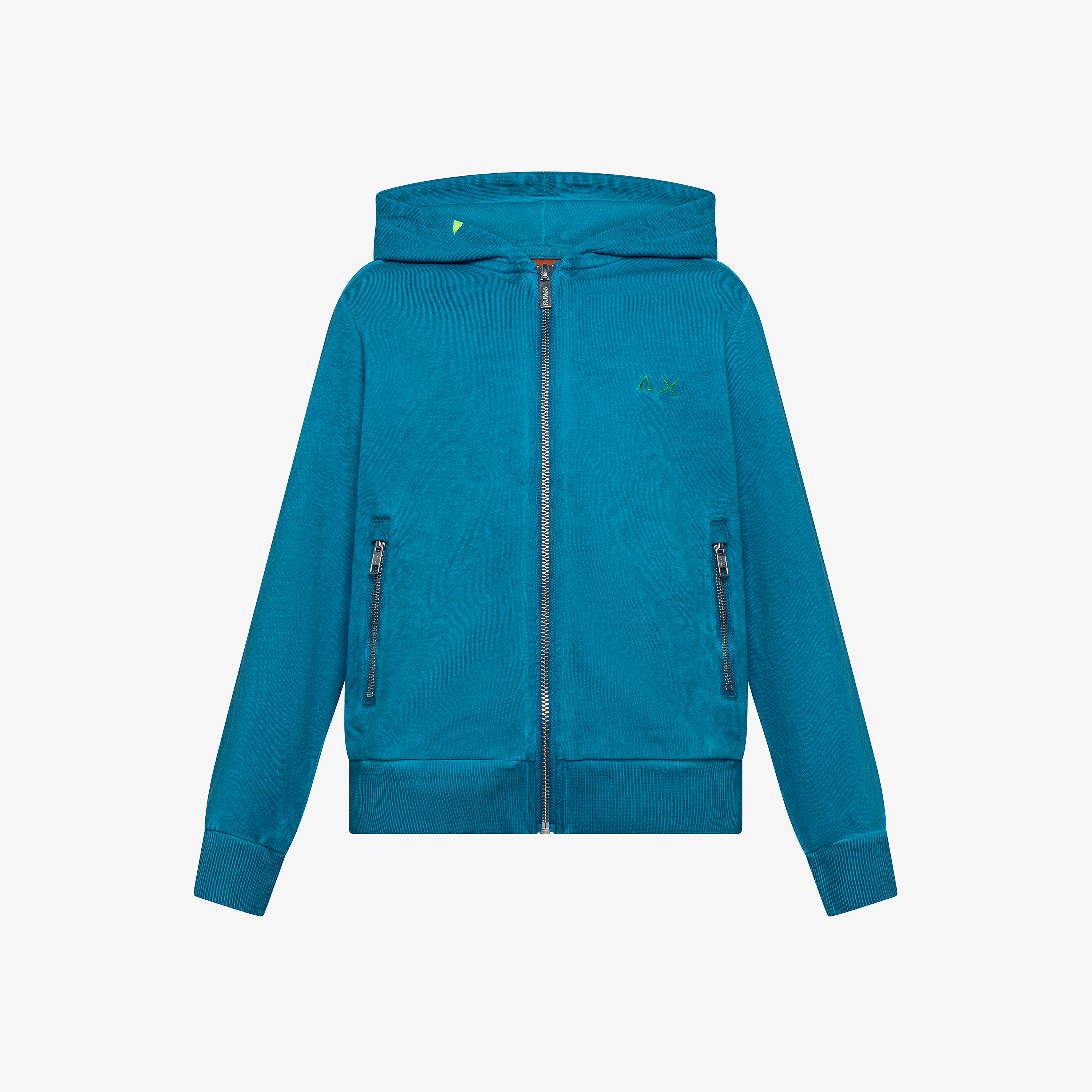 Felpa in cotone ottanio chiaro con cappuccio e zip