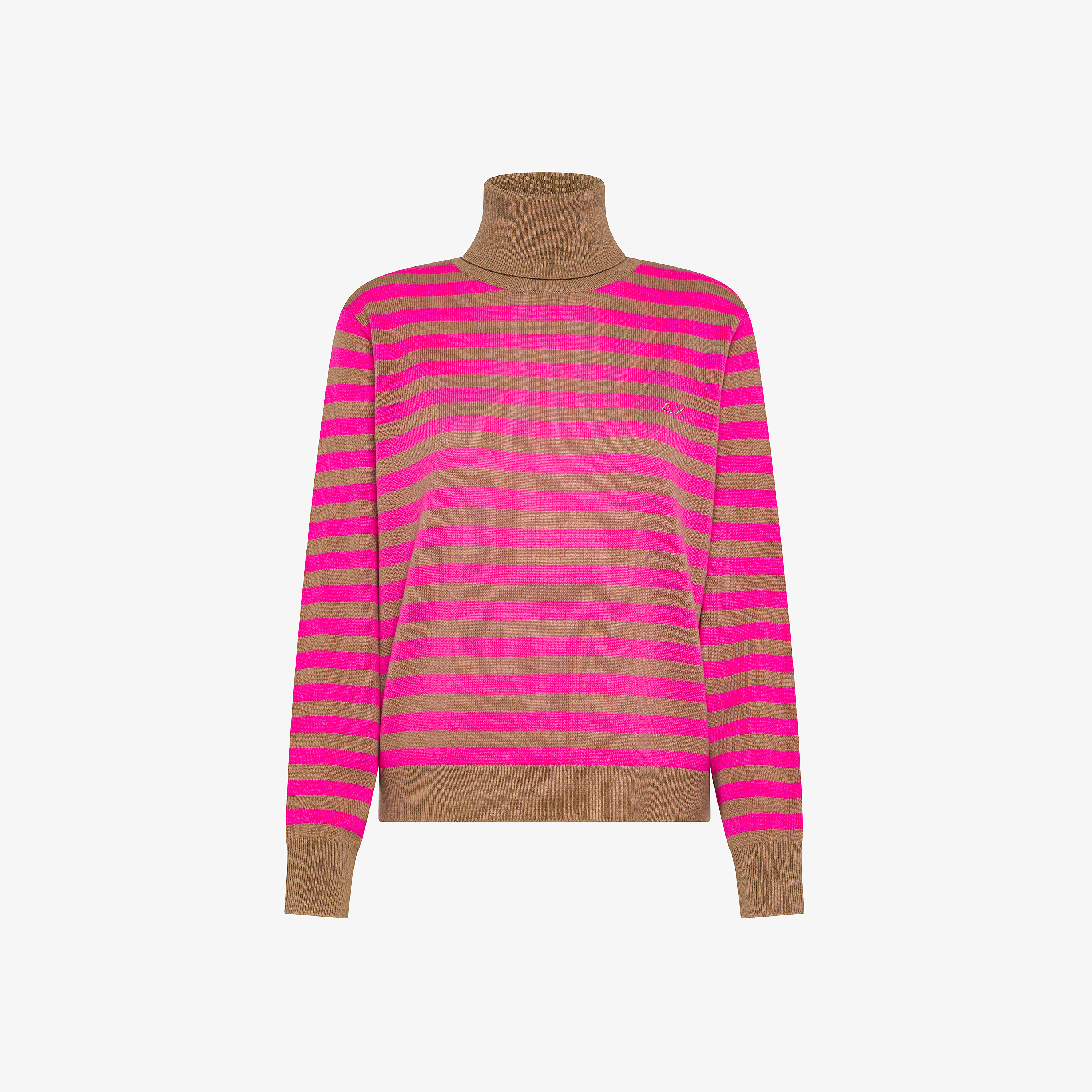 Desert brown/fuxia fluo wool and cashmere striped turtleneck jumper