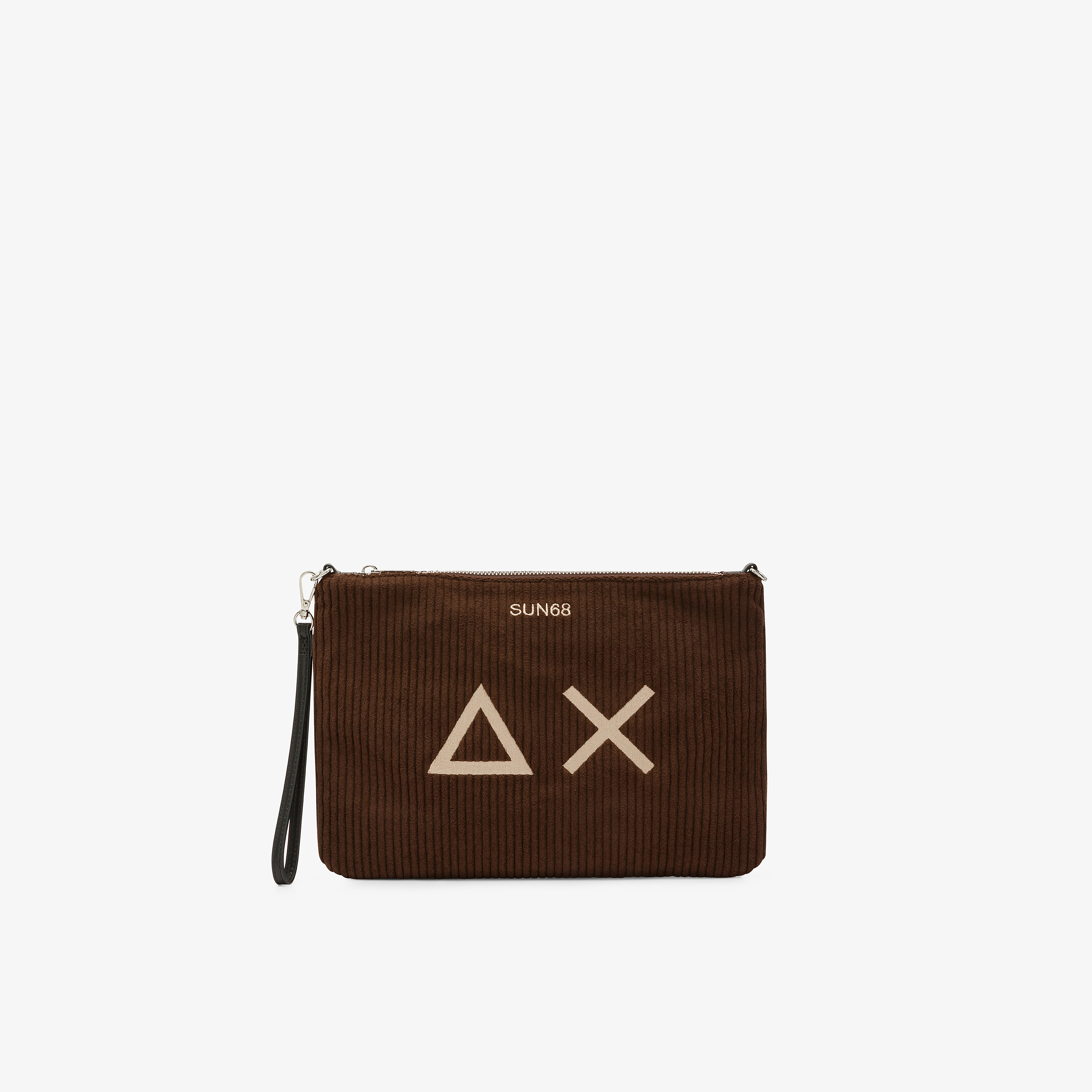 Brown velvet pouch with embroidered logo