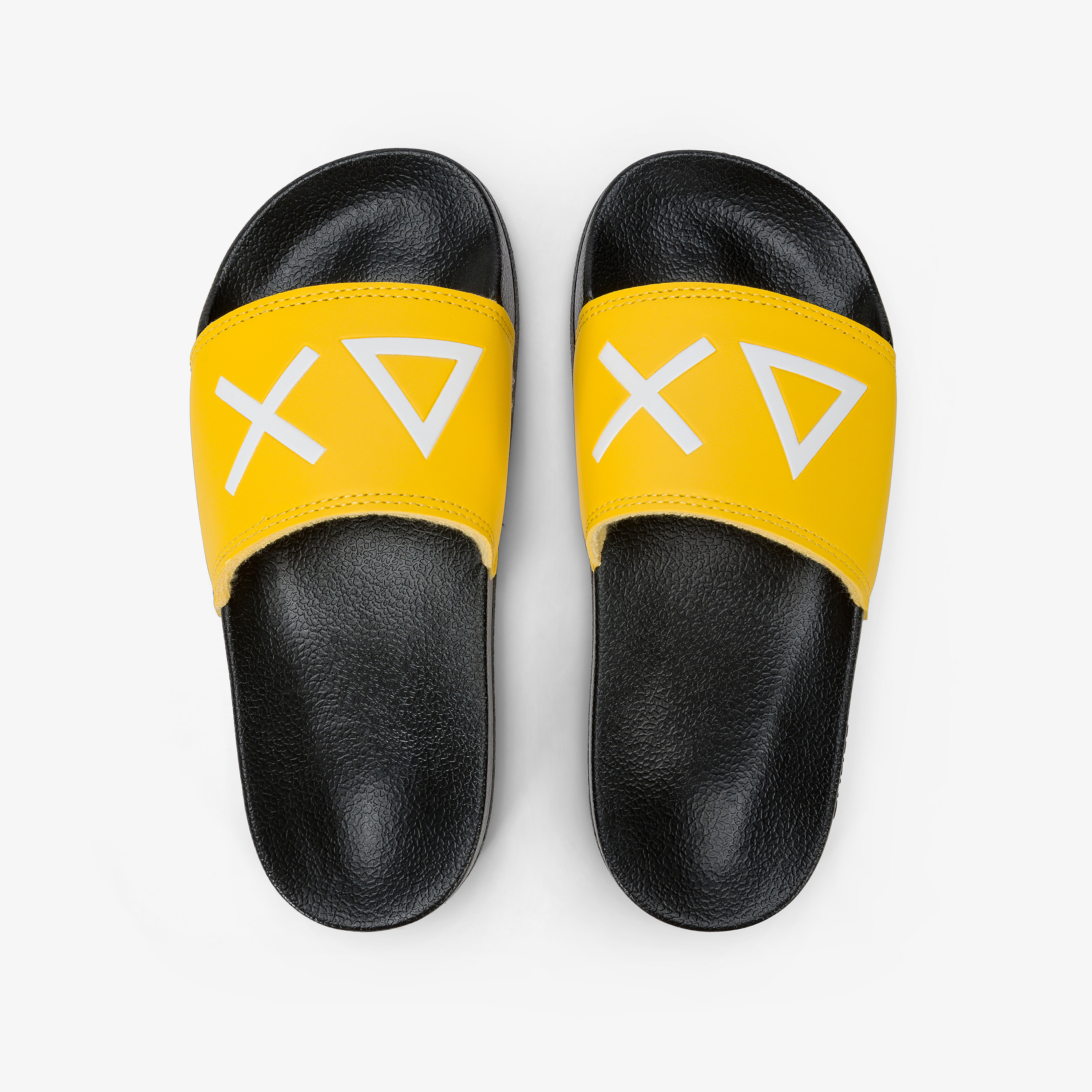 Sandali slide in PU nero e giallo