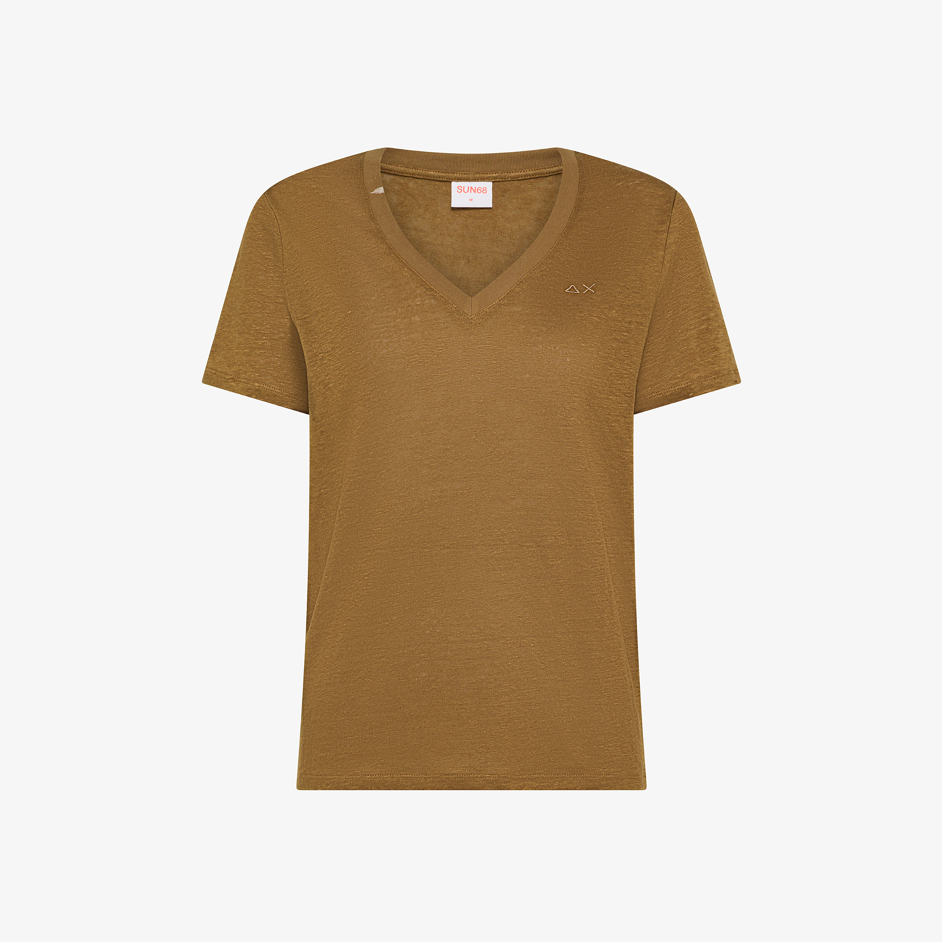T-shirt con scollo a V in jersey di lino marrone volpe
