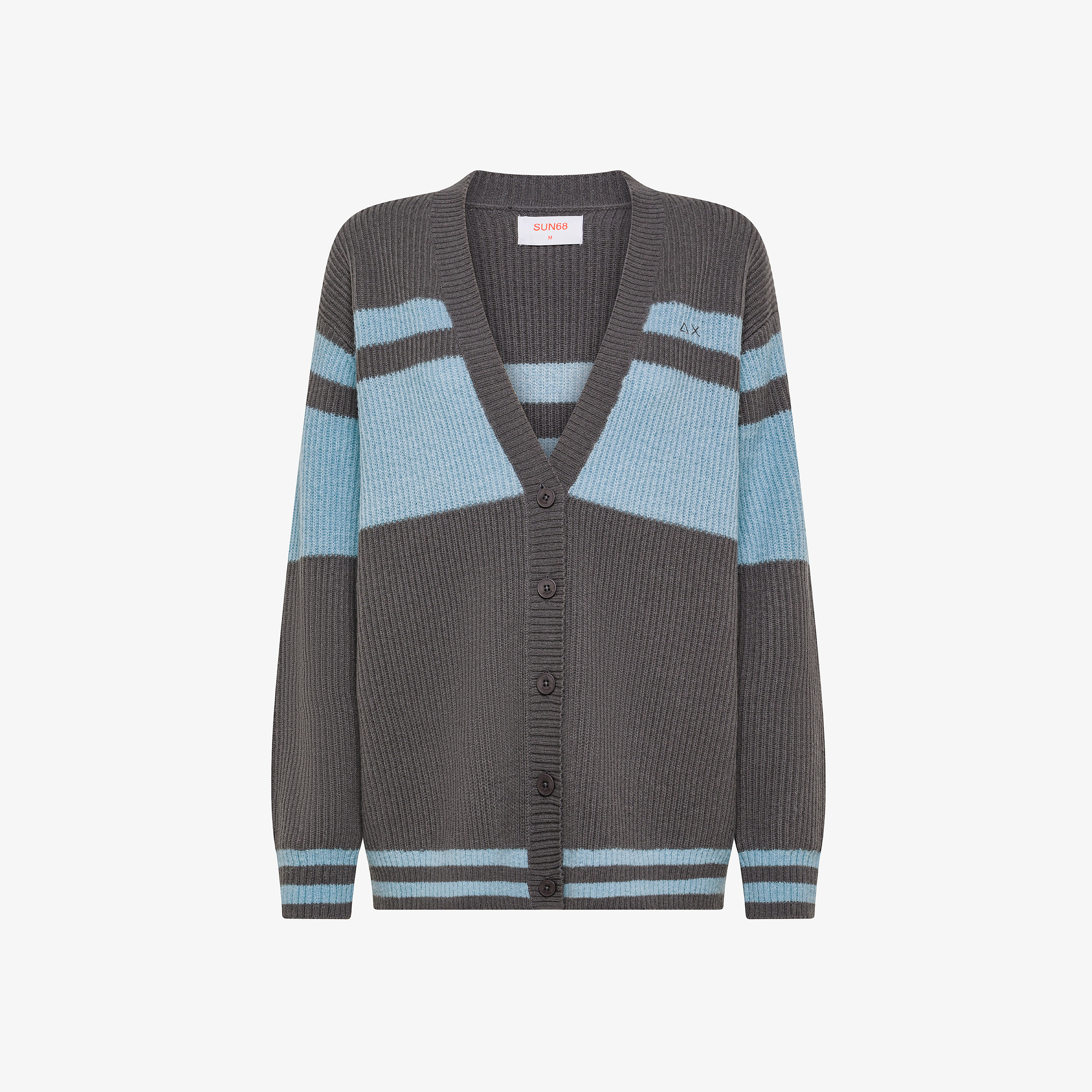 Cardigan in lana e alpaca a coste grigio scuro/azzurro chiaro bice Cardigan in lana e alpaca a coste grigio scuro/azzurro chiaro bice