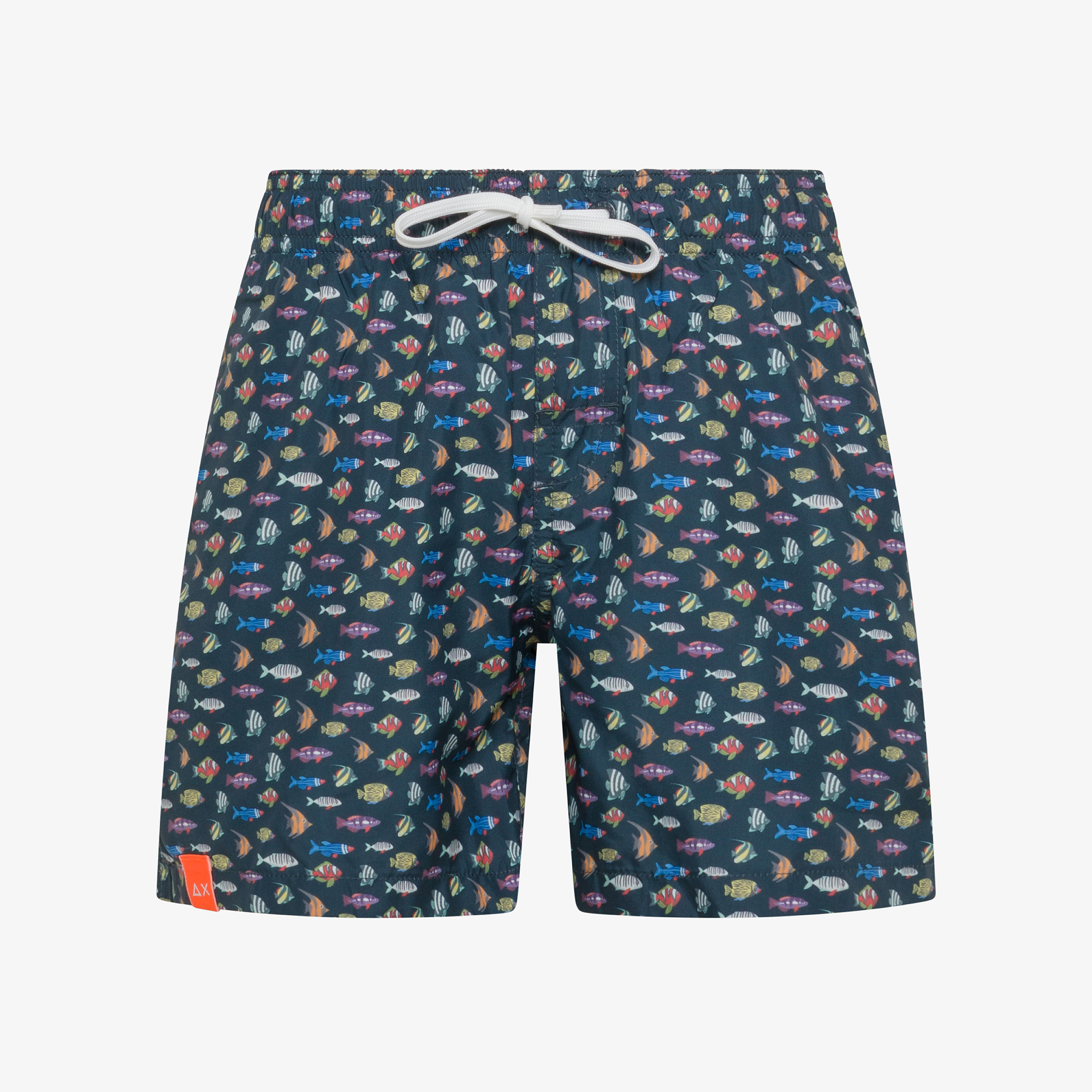 Navy blue and white printed nylon swim shorts