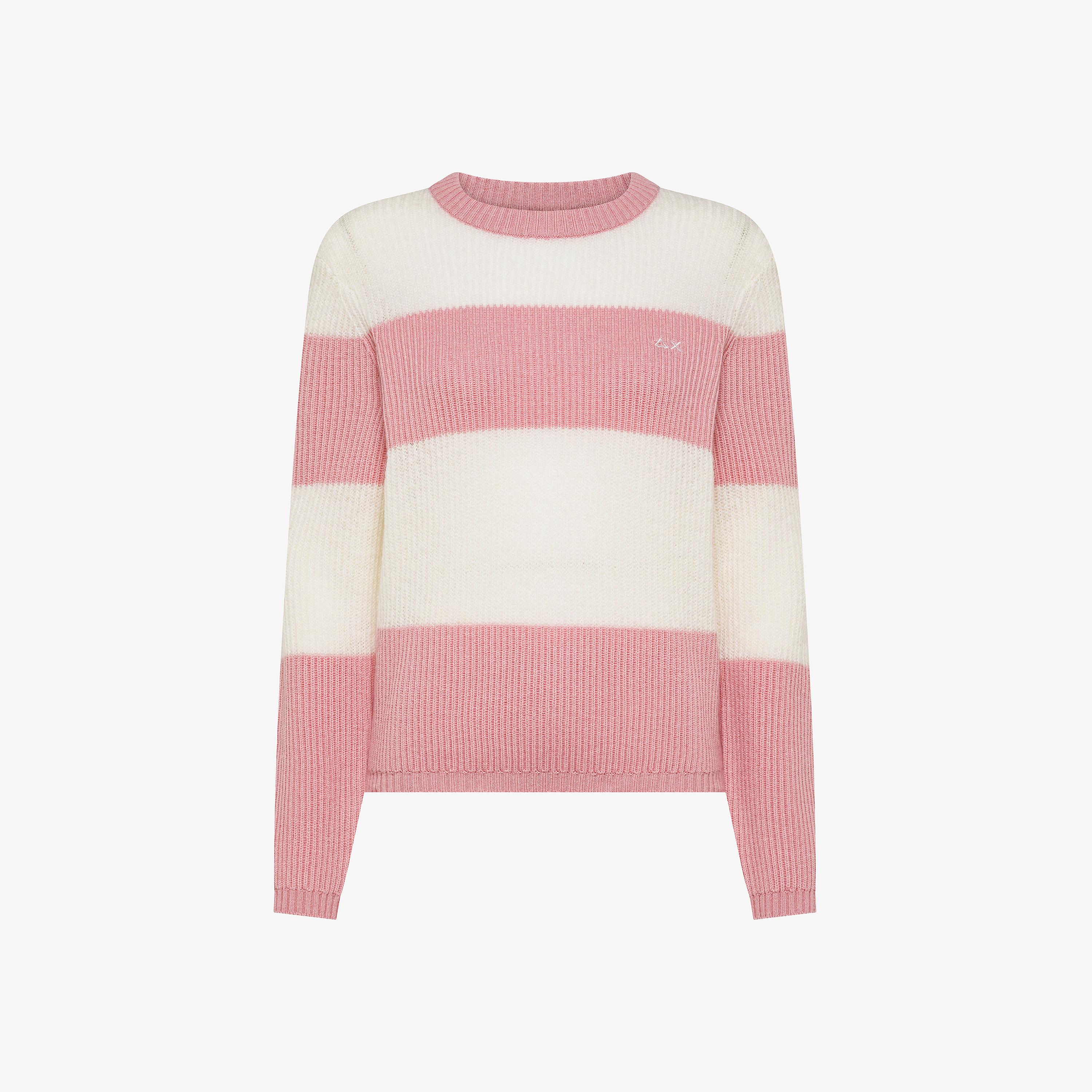 Maglia girocollo in lana e alpaca a coste bianco panna/rosa scuro