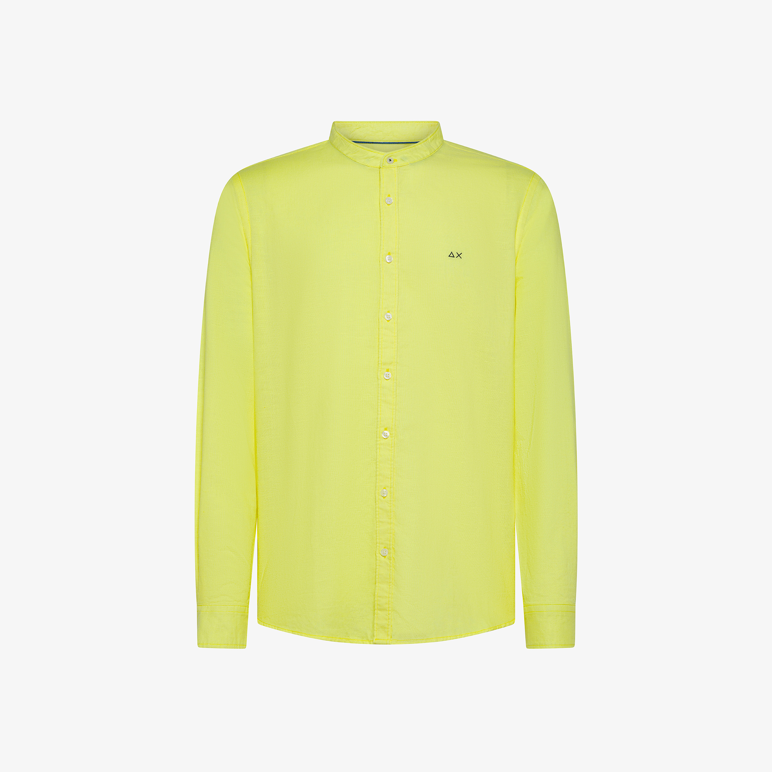 Lemon yellow linen and cotton shirt with mandarin collar