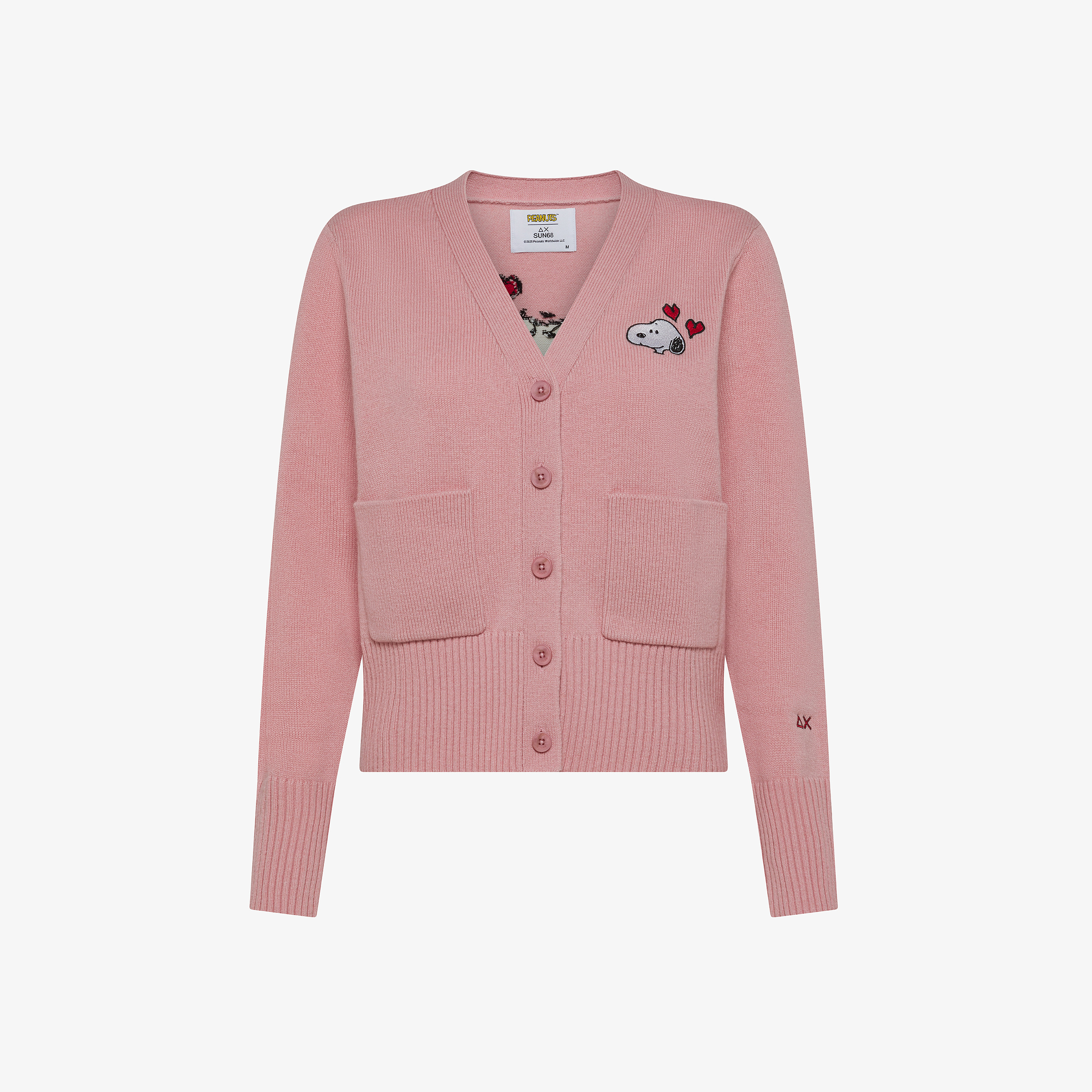 Cardigan Peanuts in lana e cashmere con tasche rosa scuro