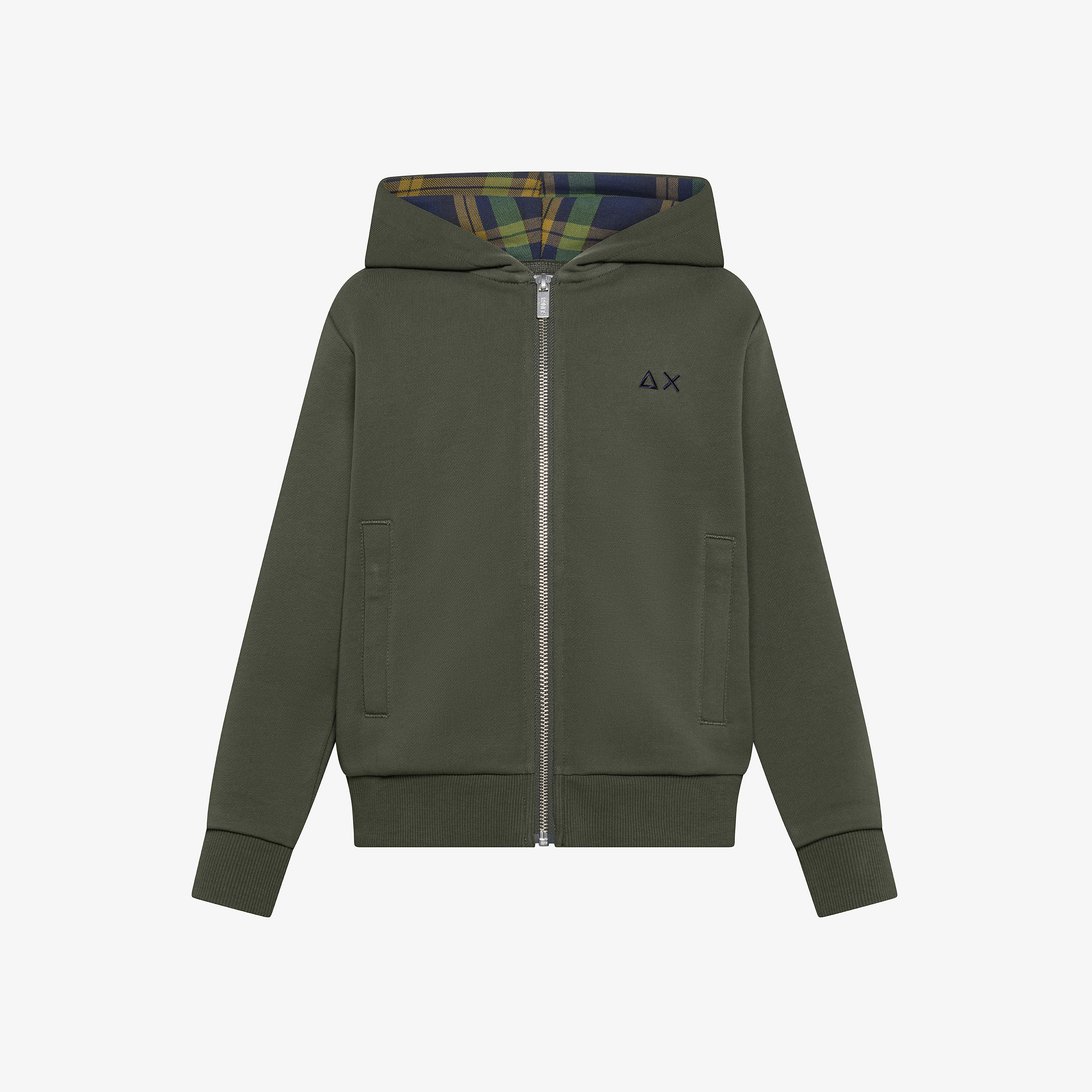 Felpa in cotone con cappuccio e zip militare scuro
