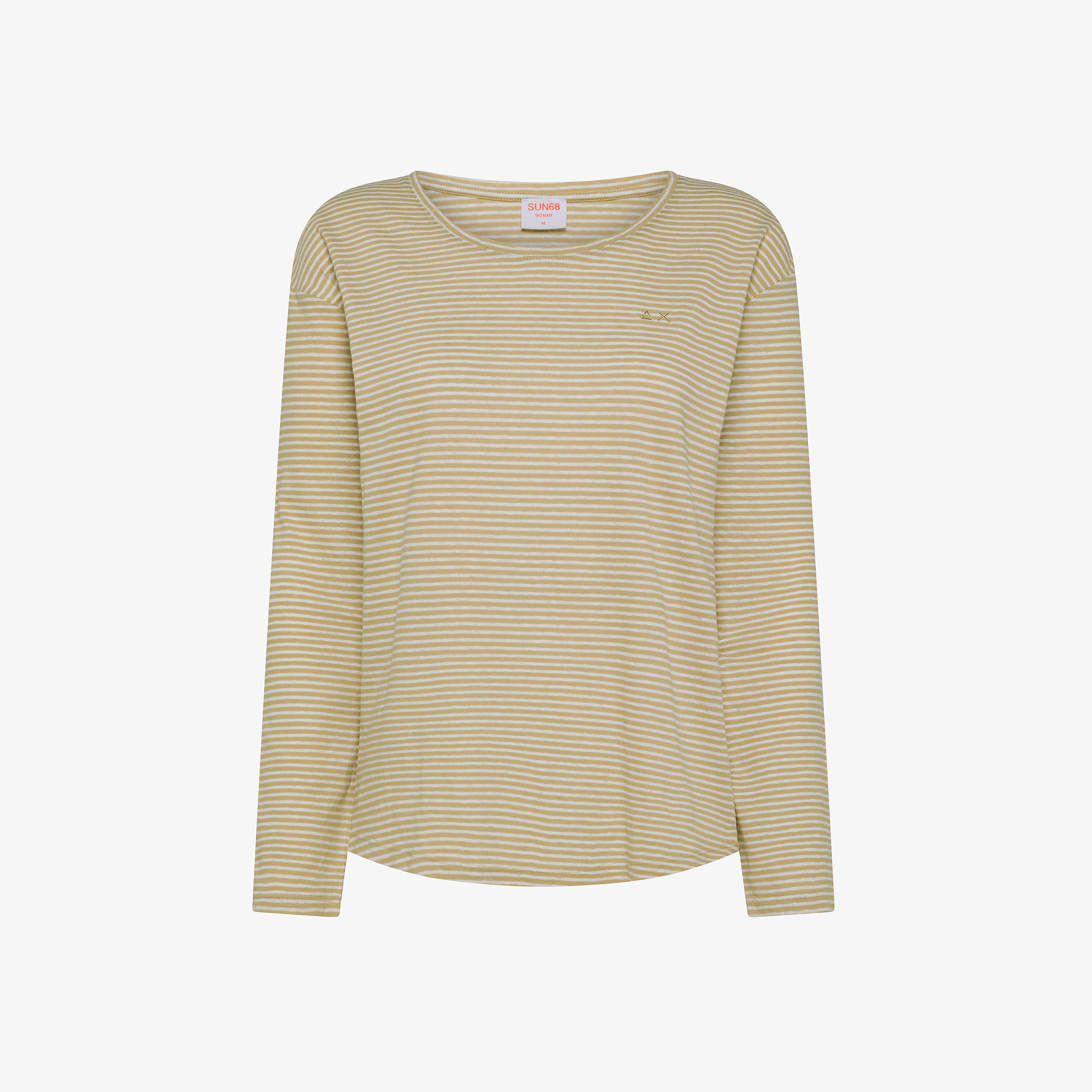 T-shirt in lino e cotone a righe bianche panna e sabbia