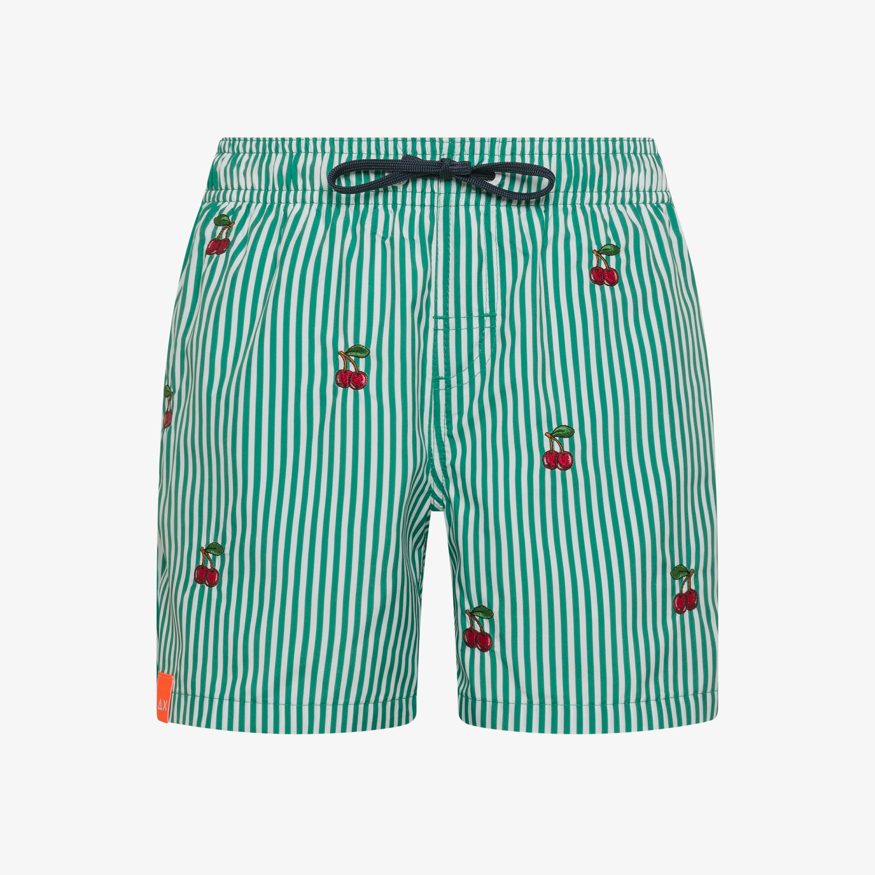 Lawn green and white striped swim shorts with embroidery  Lawn green and white striped swim shorts with embroidery