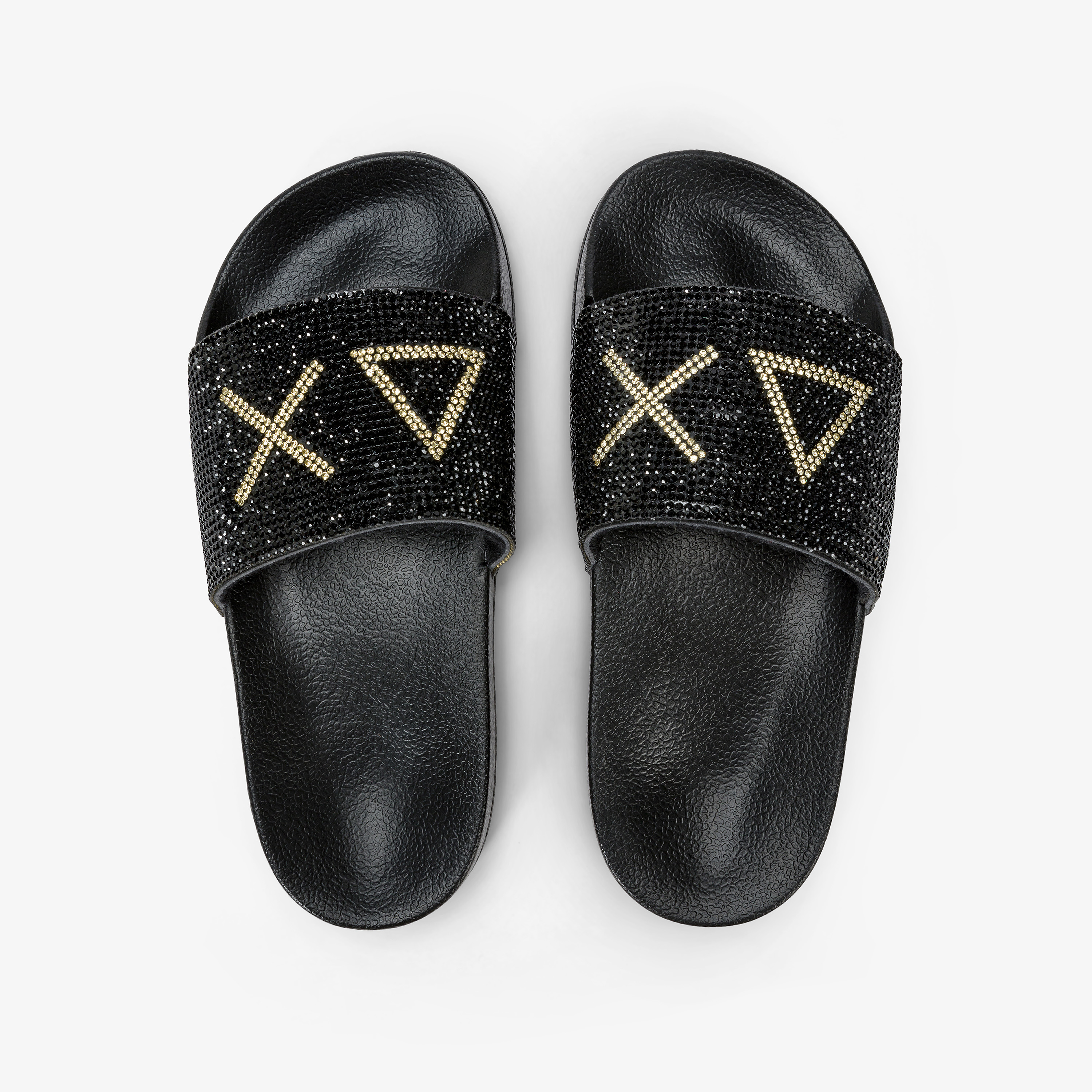 Sandali slide in PU nero con strass
