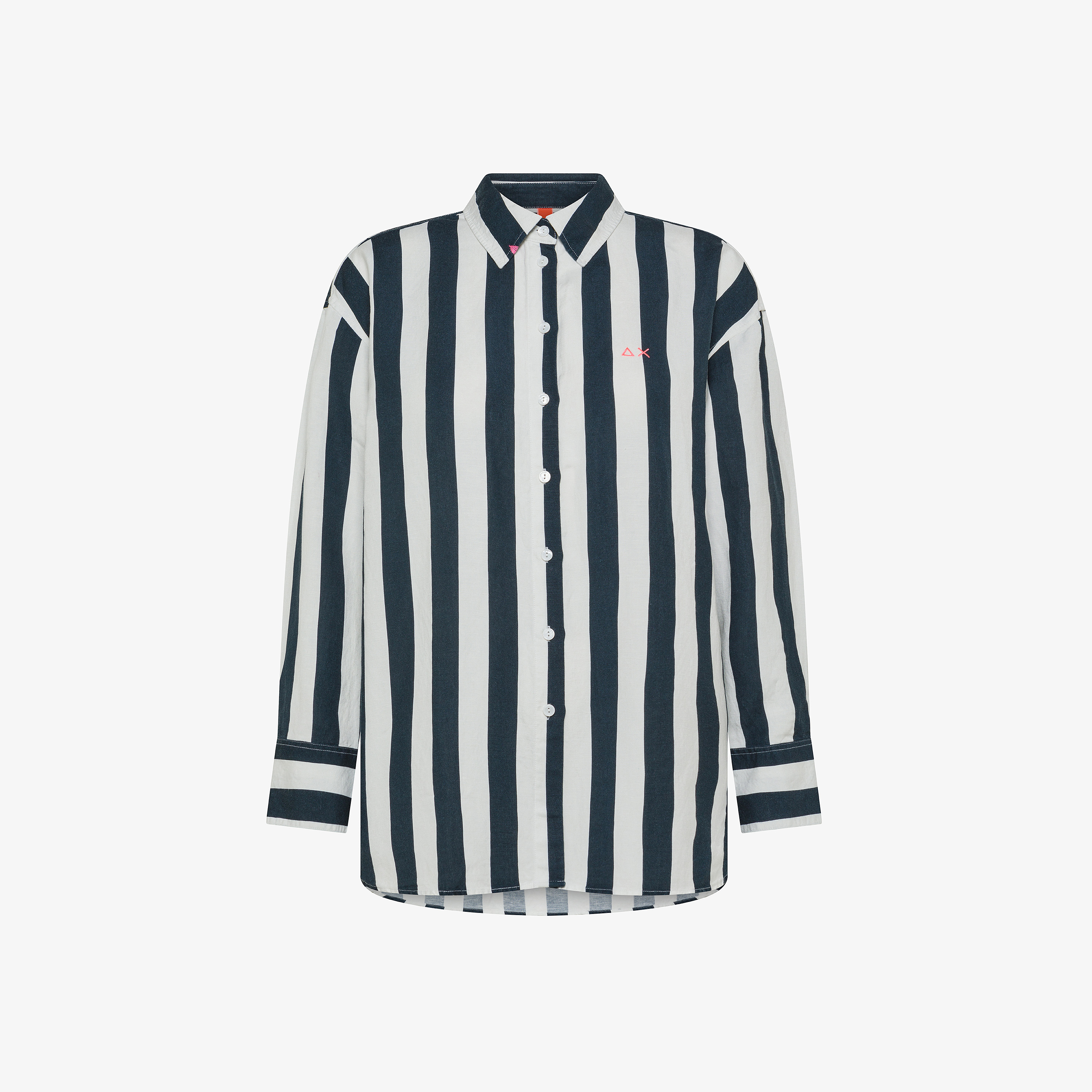 White and navy blue striped linen shirt