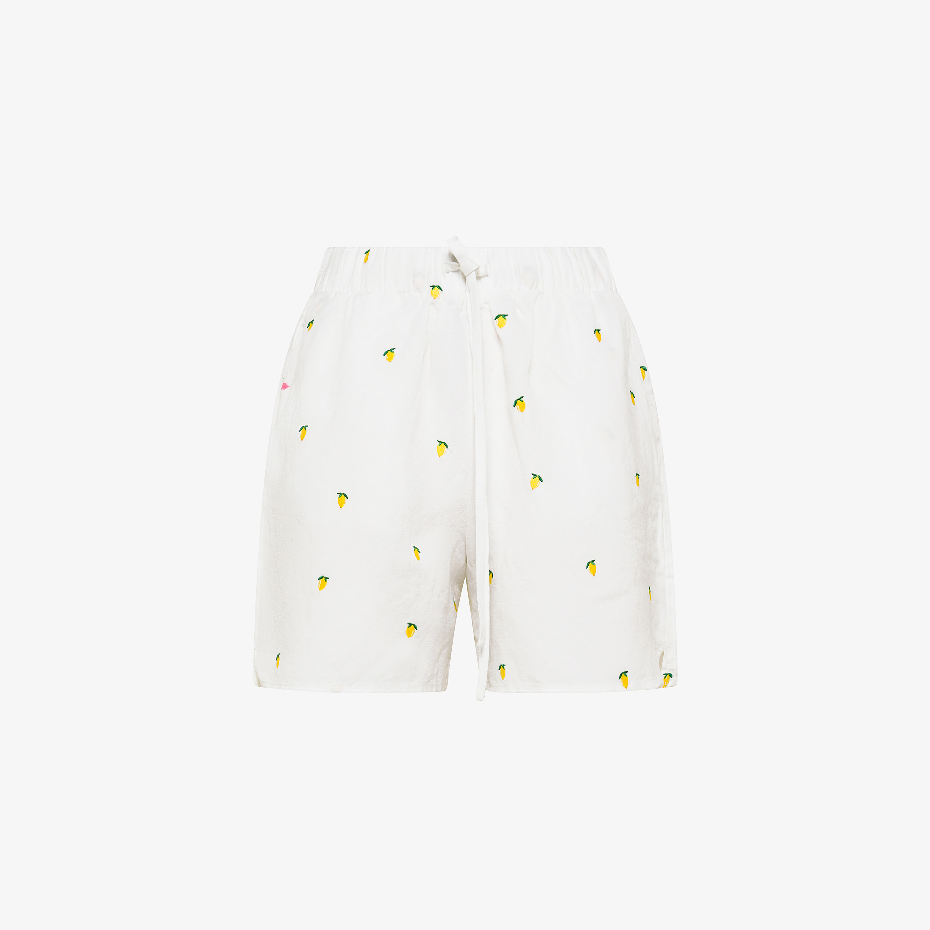 Off white/lemon yellow embroidered cotton blend shorts
