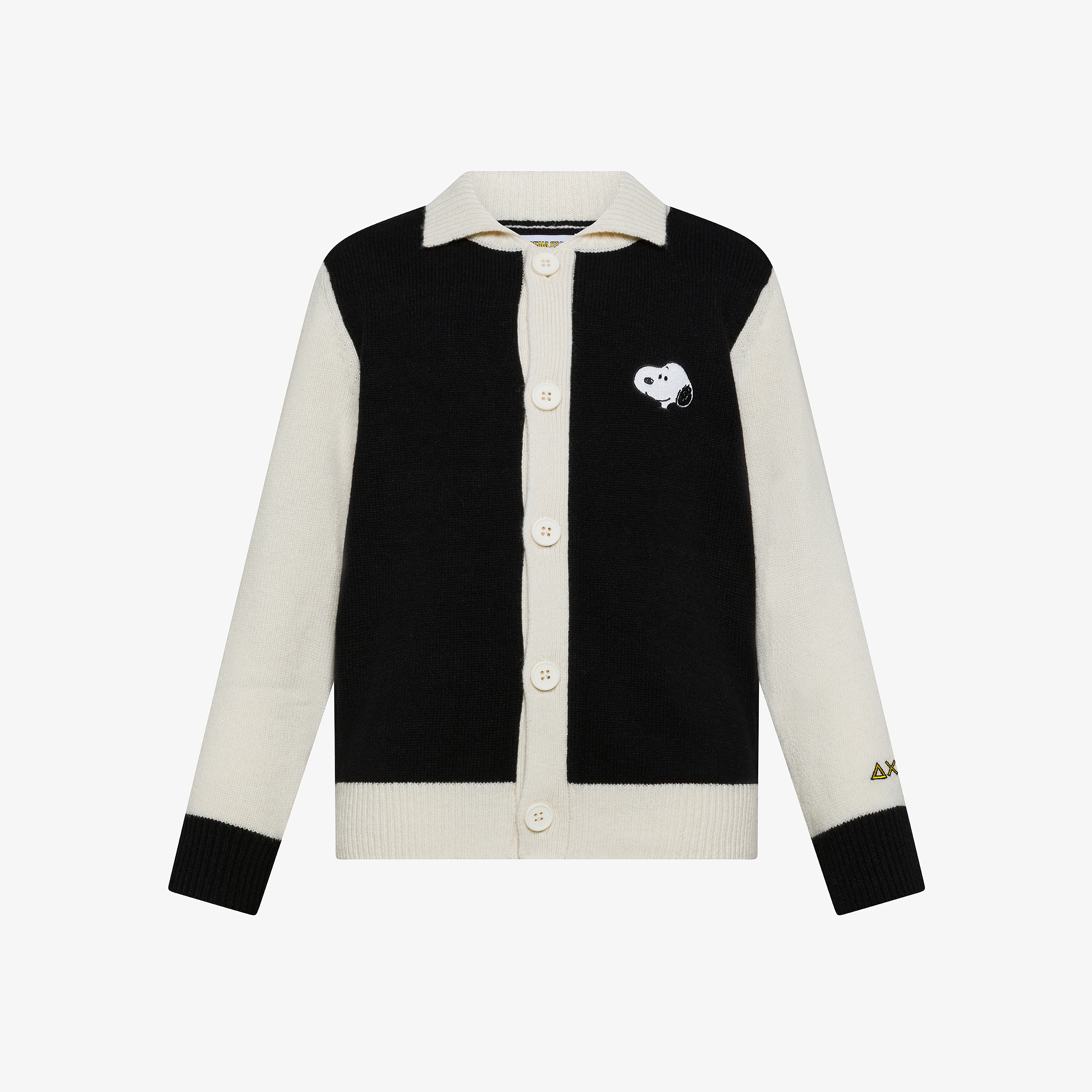 Cardigan Peanuts in lana e cashmere nero/bianco panna