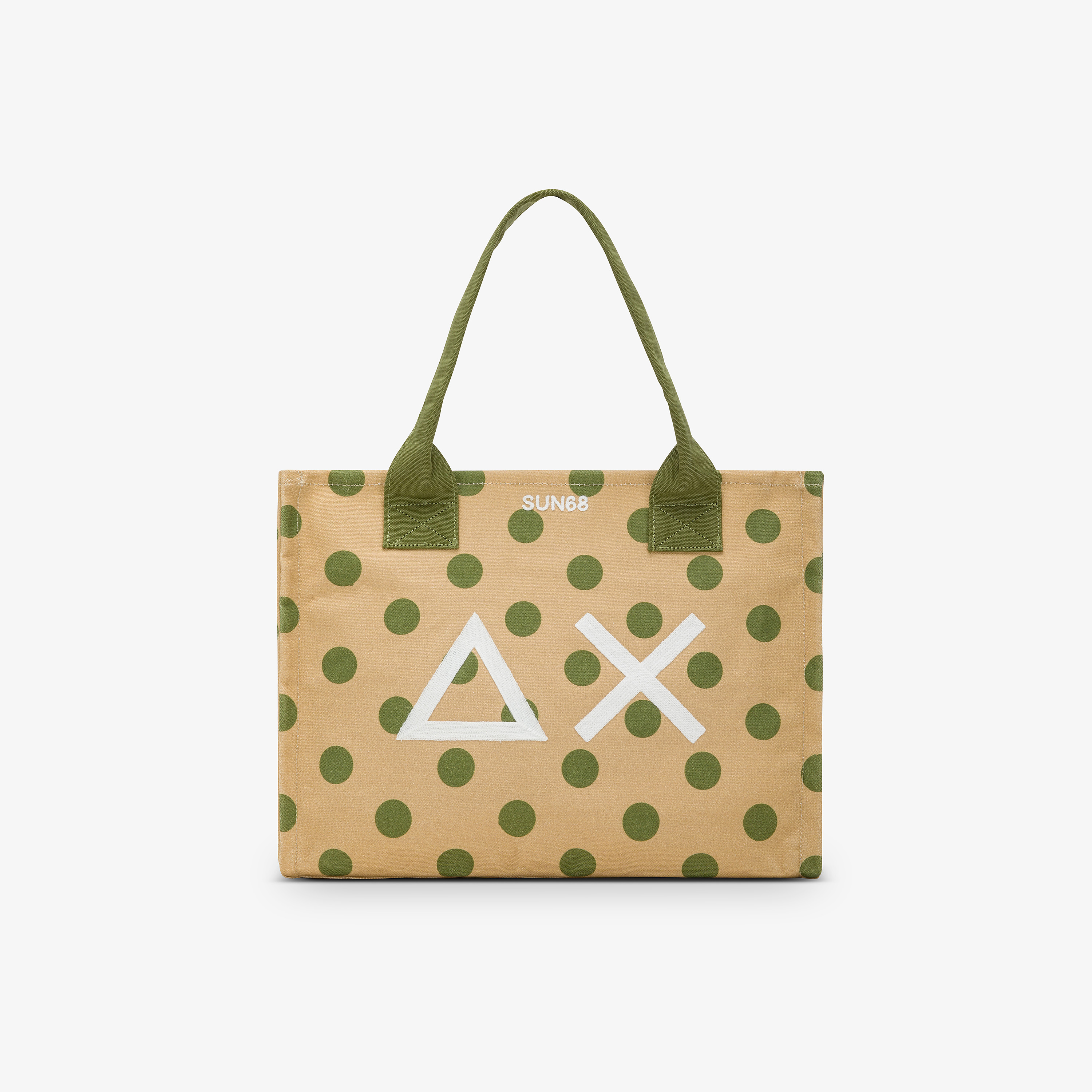 Borsa mare in canvas di cotone a pois beige e verde scuro