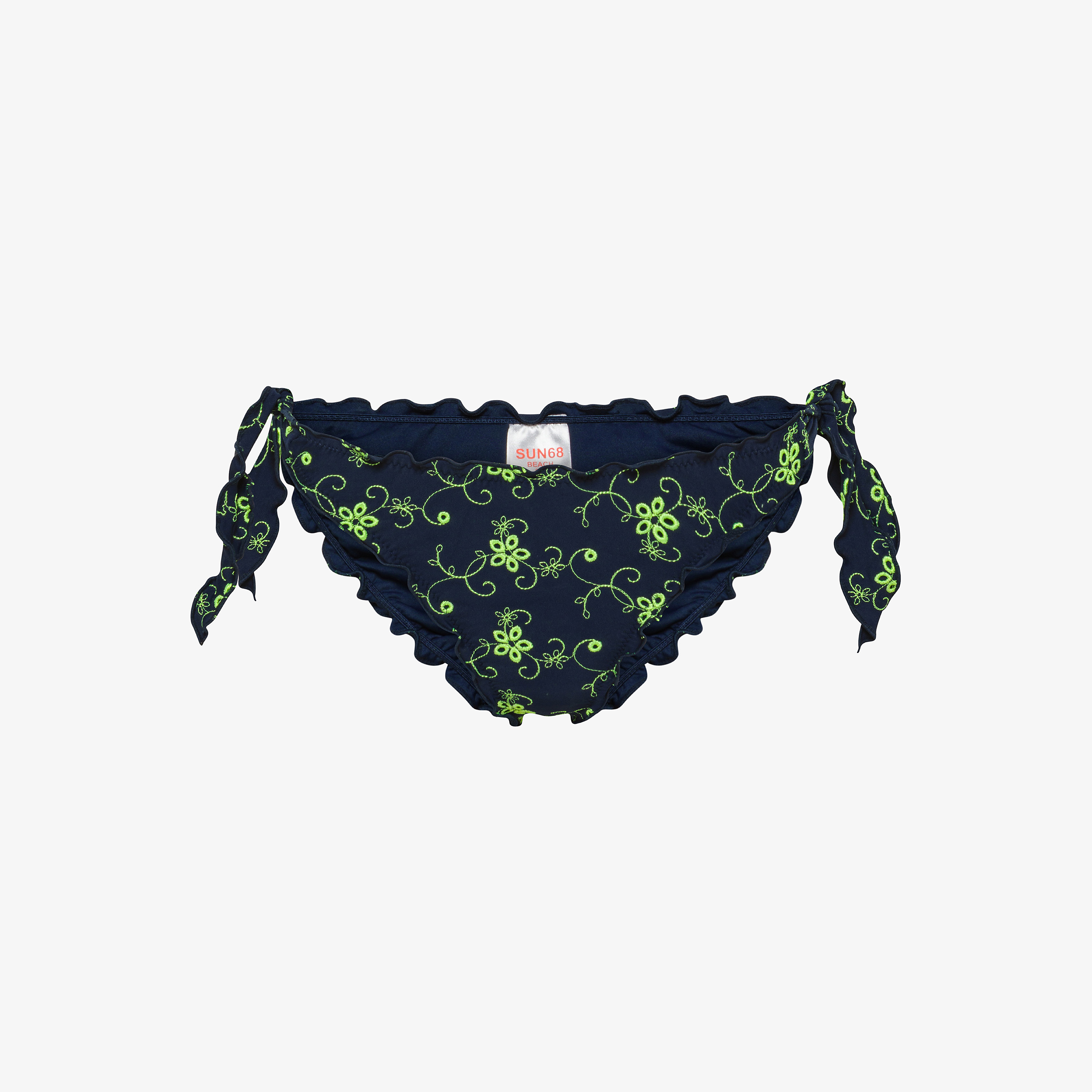 Navy blue and fluorescent yellow bikini briefs with embroidery
