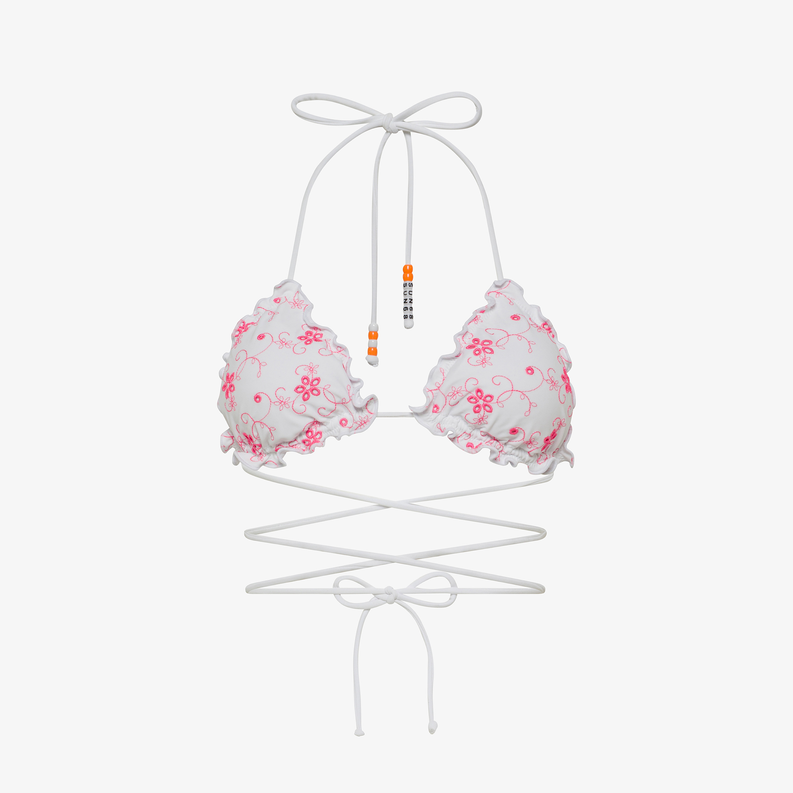 White and fluorescent fuchsia nylon bikini with embroidery White and fluorescent fuchsia nylon bikini with embroidery