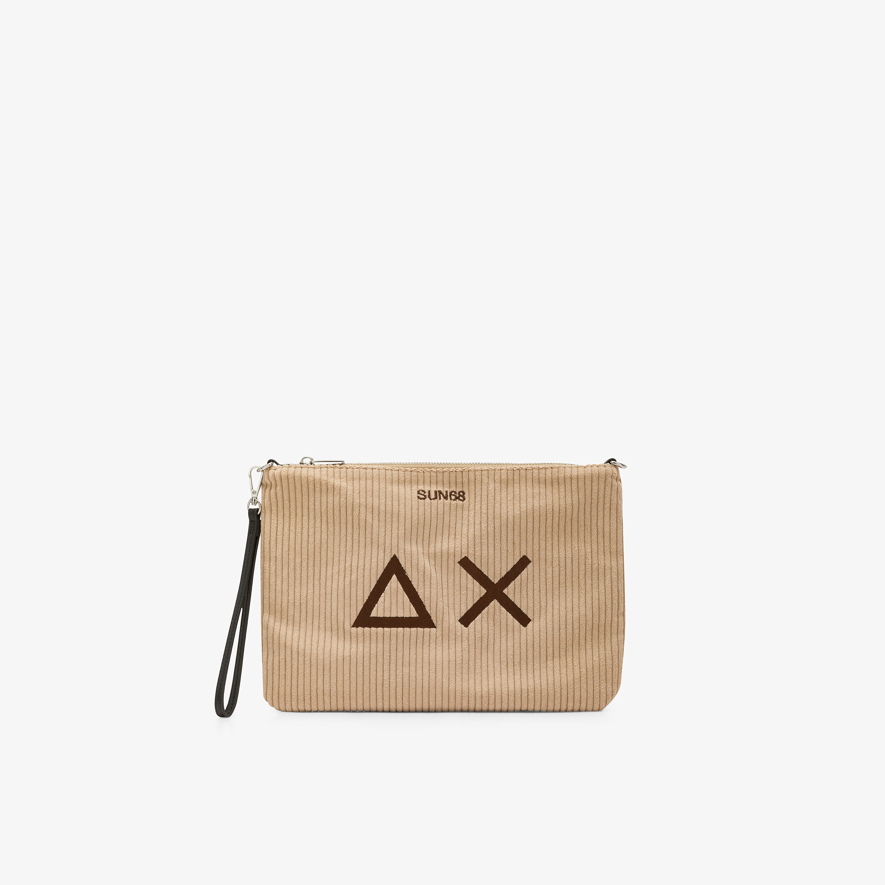 Beige velvet pouch with embroidered logo