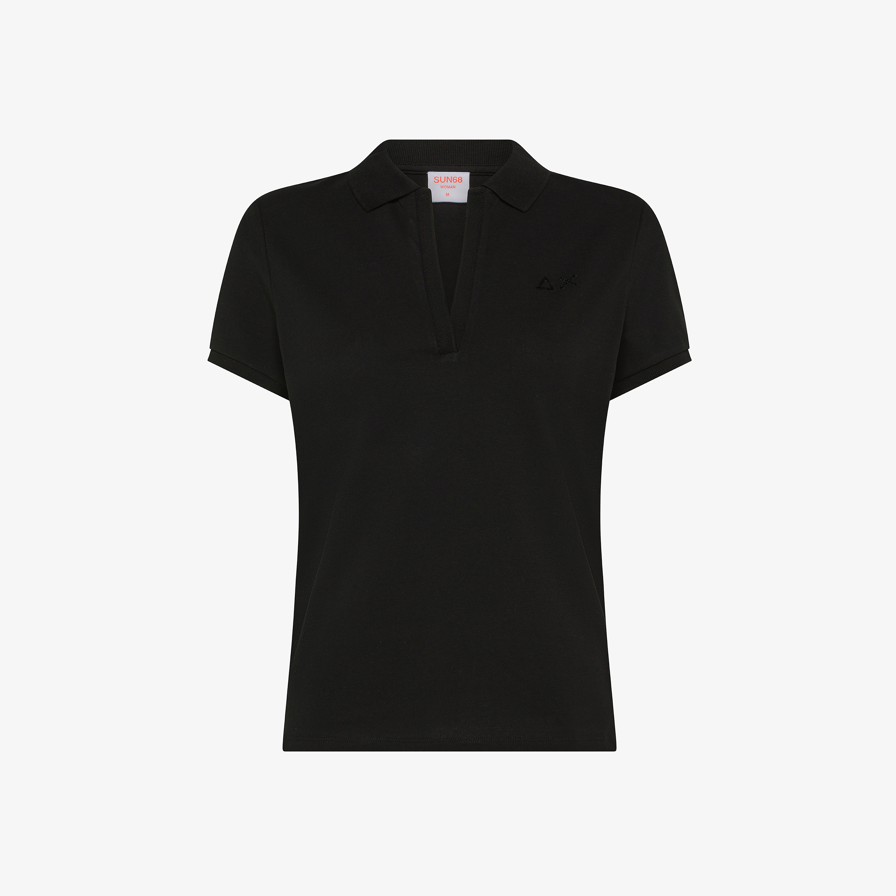 Black cotton piqué polo shirt with rhinestone logo
